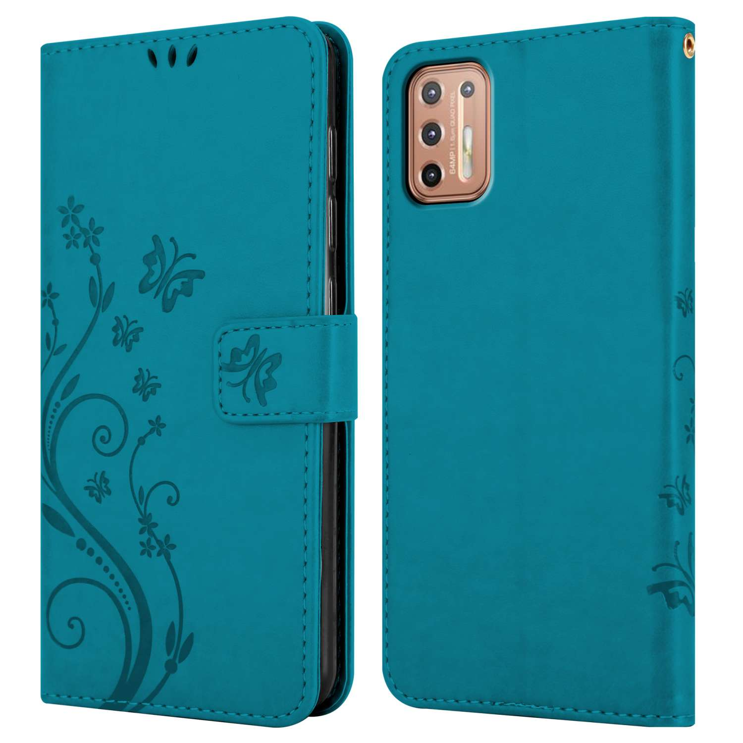 Custodia per telefono turchese con design floreale a sinistra e fotocamera del telefono a destra.