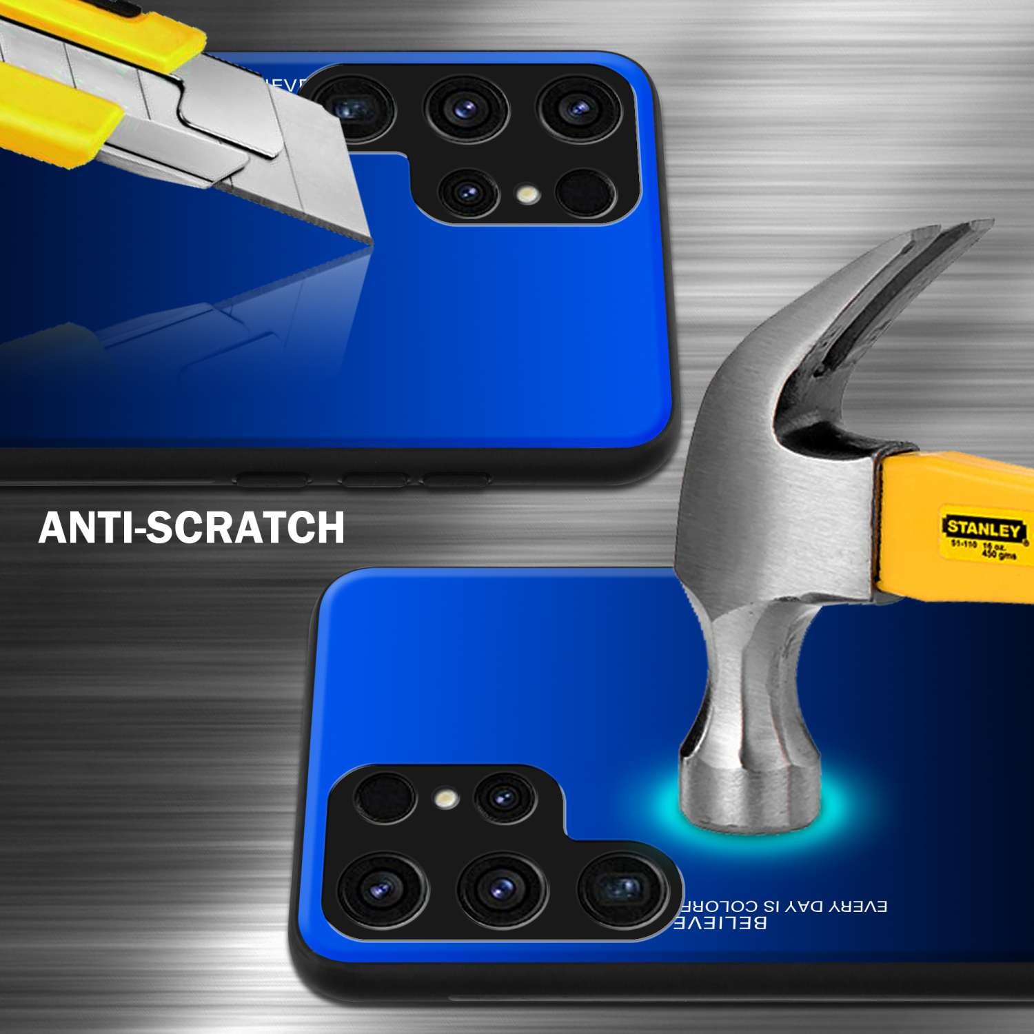 Custodia per telefono testata con coltello e martello, mostra protezione antigraffio.