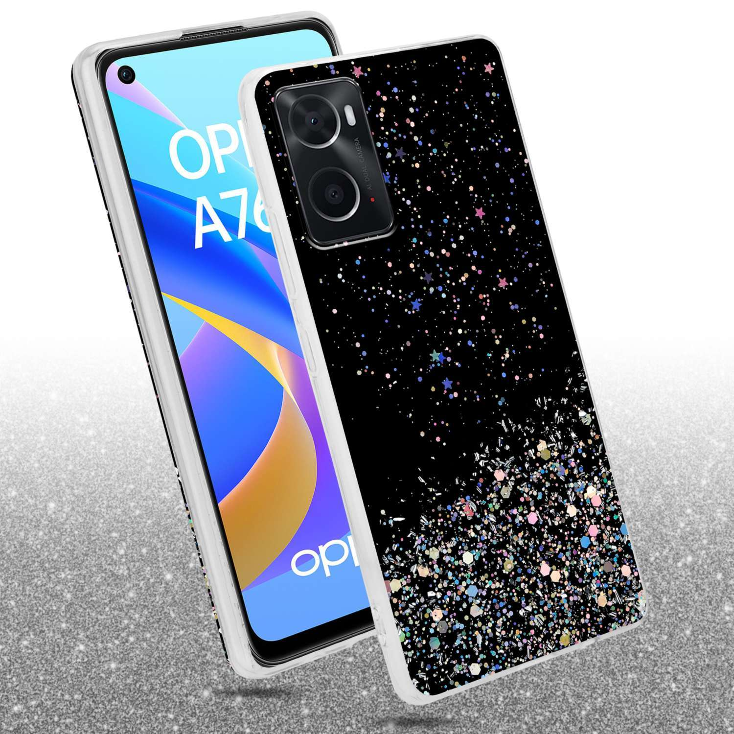 Custodia con telefono. Custodia nera, con glitter colorati. Sfondo bianco.