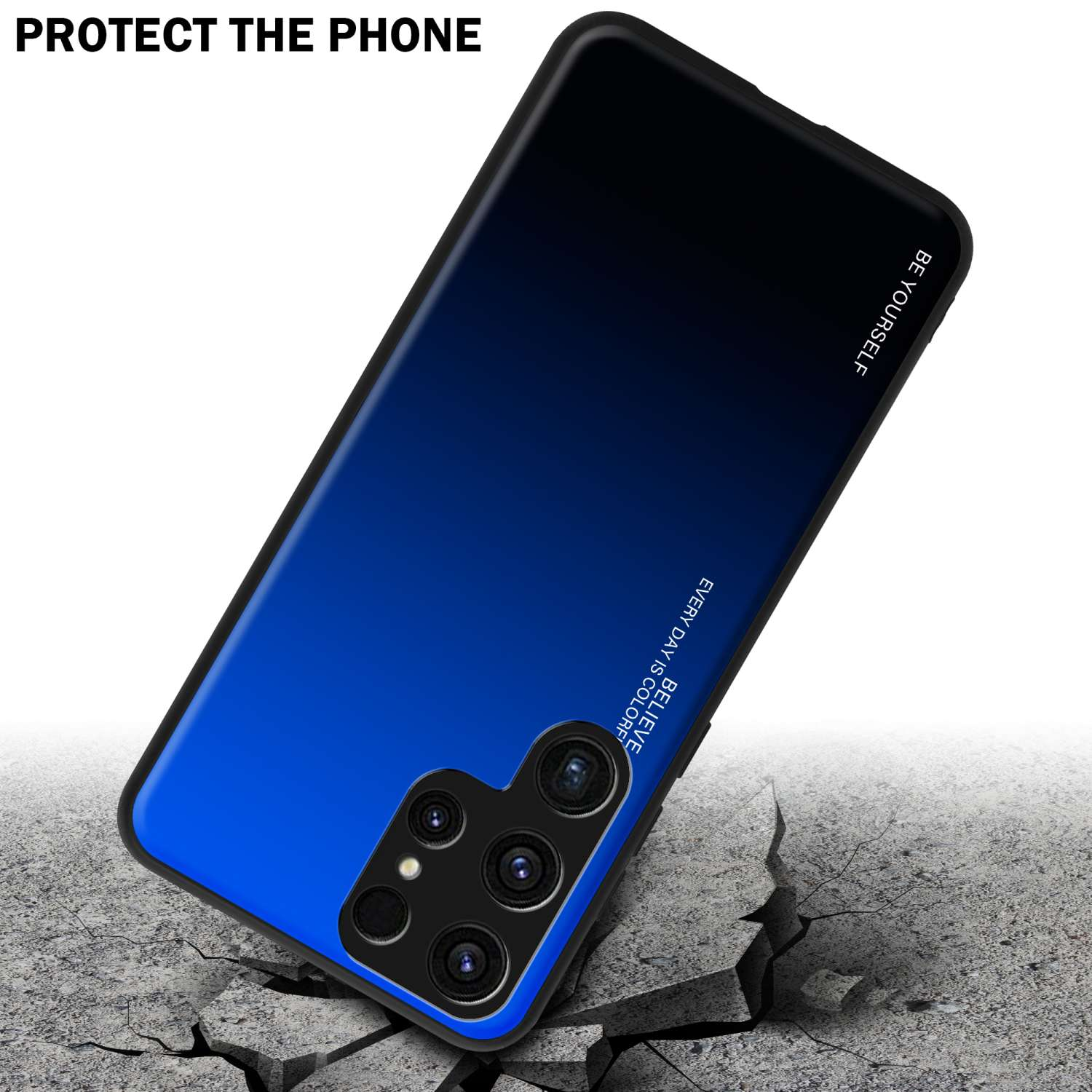 Custodia per telefono con un colore sfumato dal blu al nero. È posizionata in modo da sembrare caduta su una superficie incrinata.
