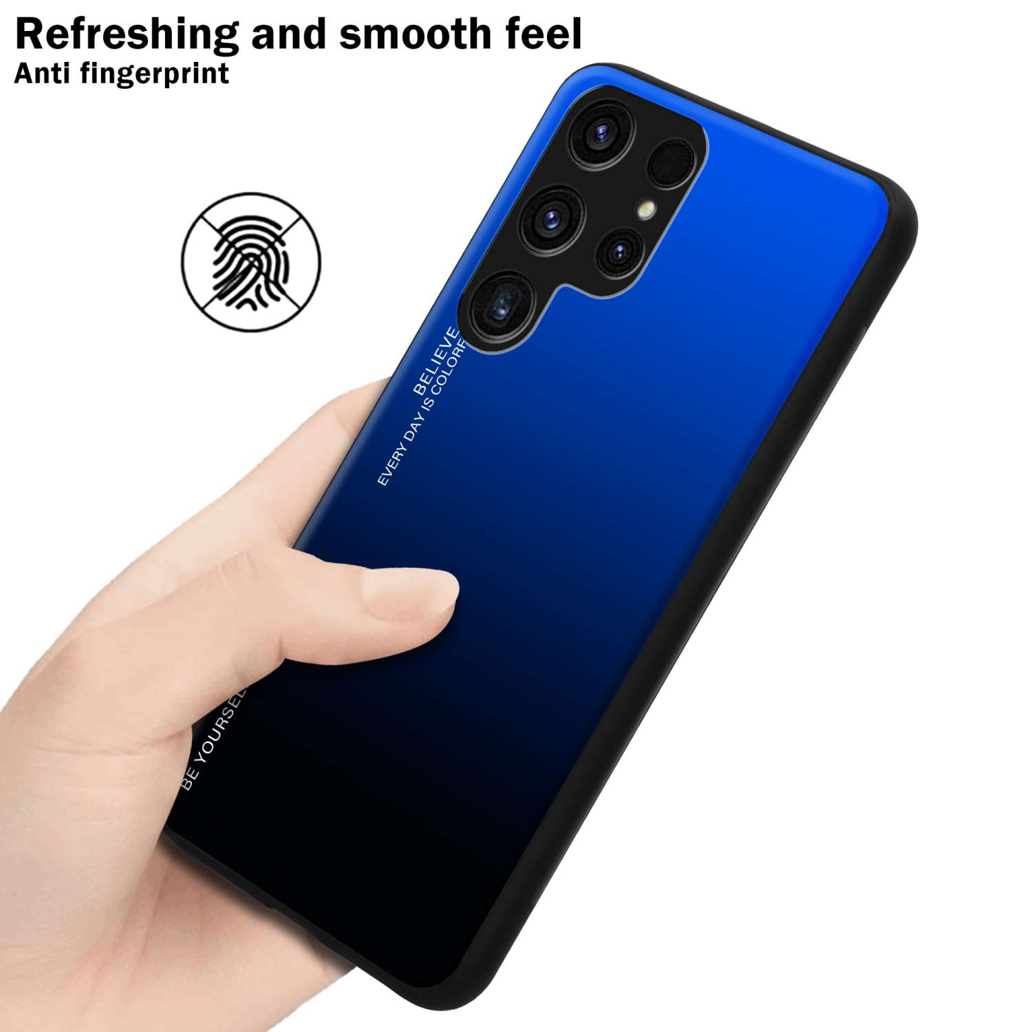 Mano che tiene una custodia per telefono blu sfumata. Simbolo dell'impronta digitale visibile.