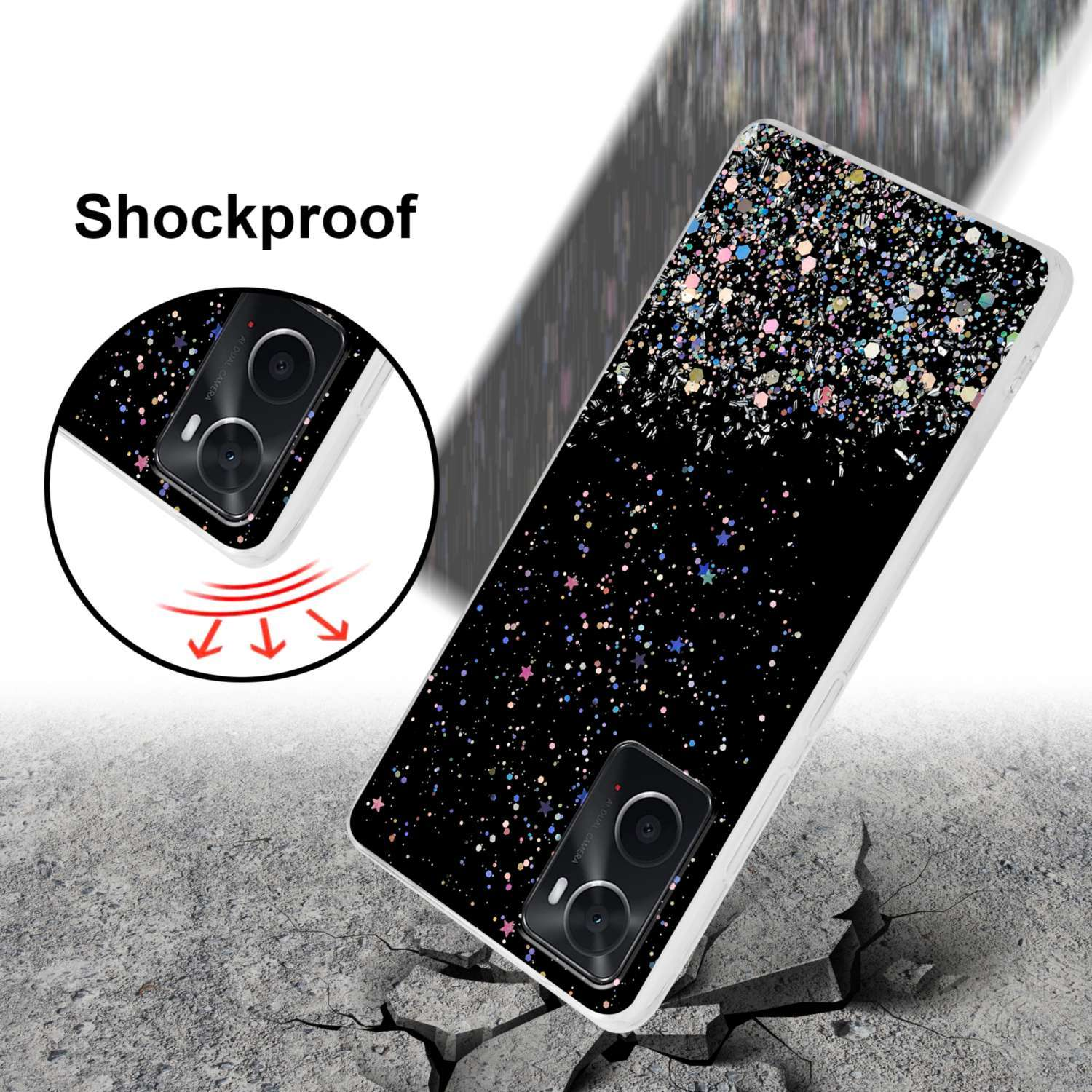 Custodia per telefono antiurto con sfondo nero pieno di punti e stelle colorate e un terreno di cemento incrinato.