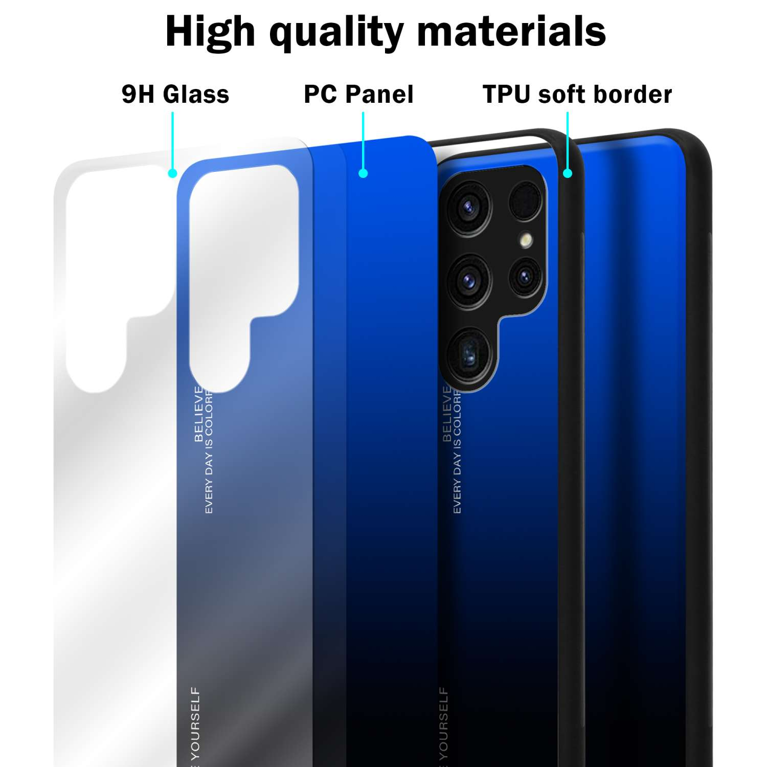 Custodia per telefono con vetro 9H, pannello PC e bordo morbido in TPU con sfumatura blu.