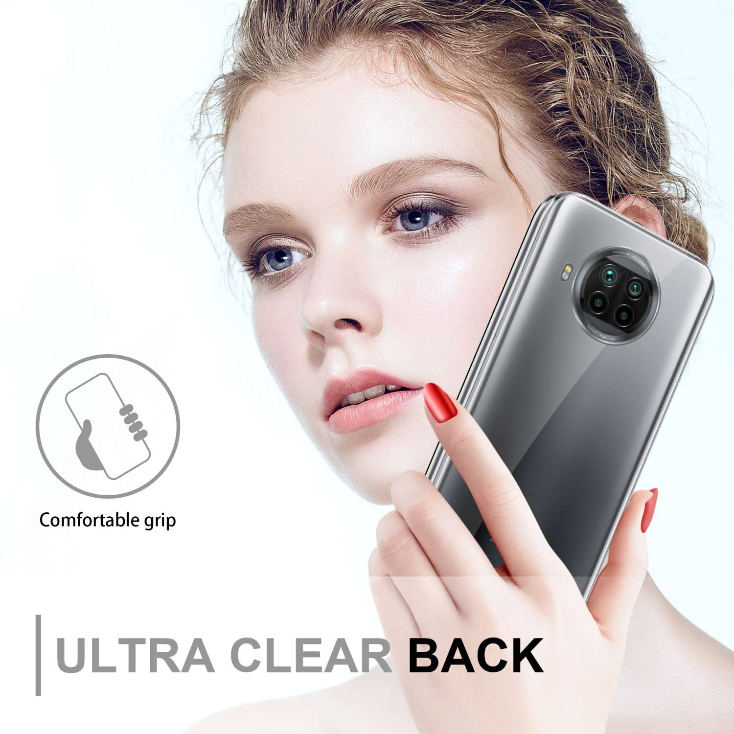 Una donna che tiene un telefono in una custodia trasparente. Il telefono ha un retro argentato. Il testo dice 'ULTRA CLEAR BACK'.