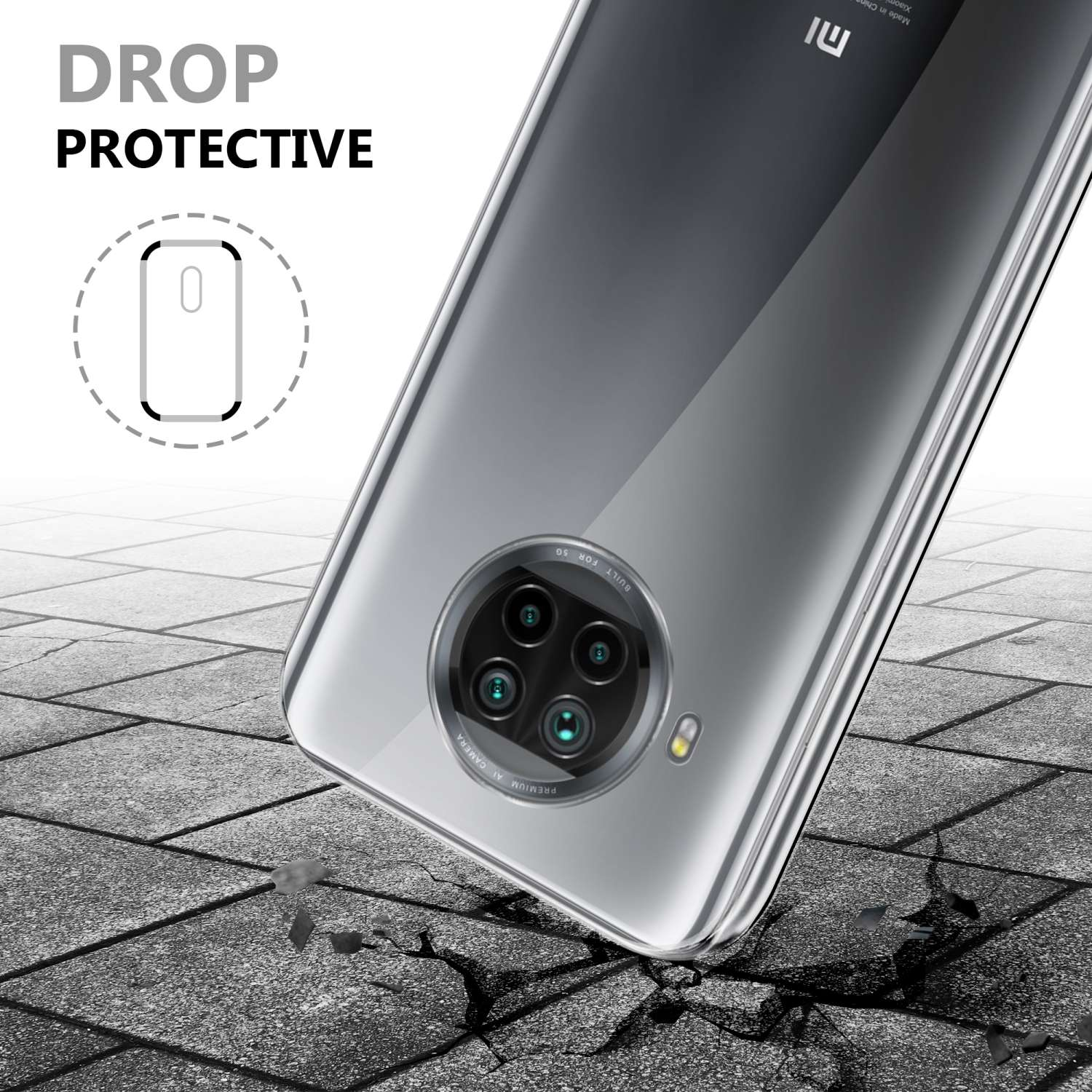 Telefono con custodia posteriore trasparente. L'immagine mostra una funzione protettiva, con un'indicazione di protezione dalle cadute.
