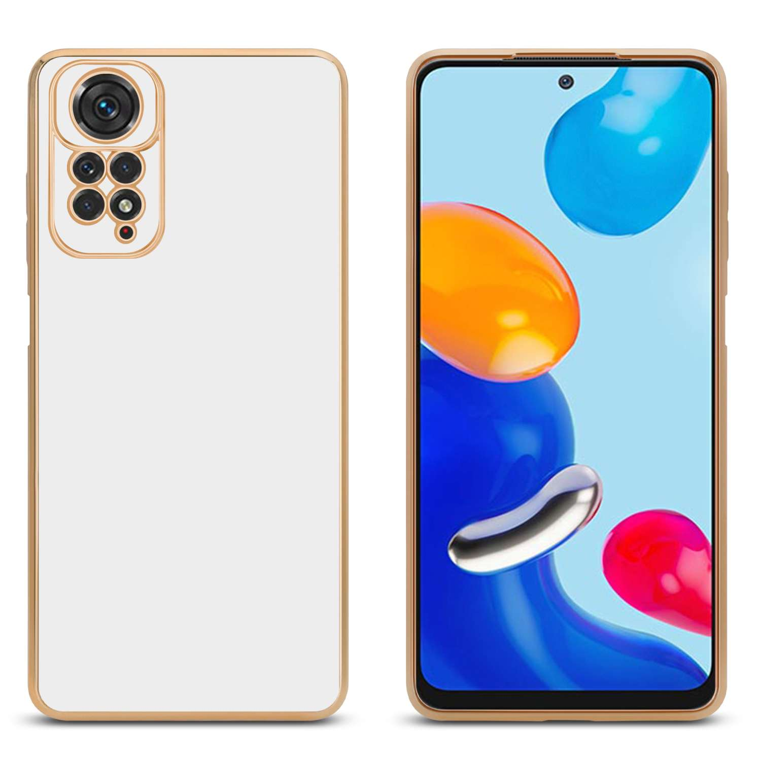 Una custodia bianca con cornice dorata e un telefono che mostra un'immagine astratta colorata.
