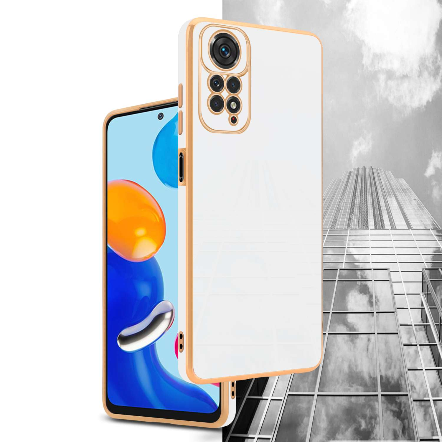 Una custodia per telefono bianca con finiture dorate esposta accanto a un telefono con schermo blu.