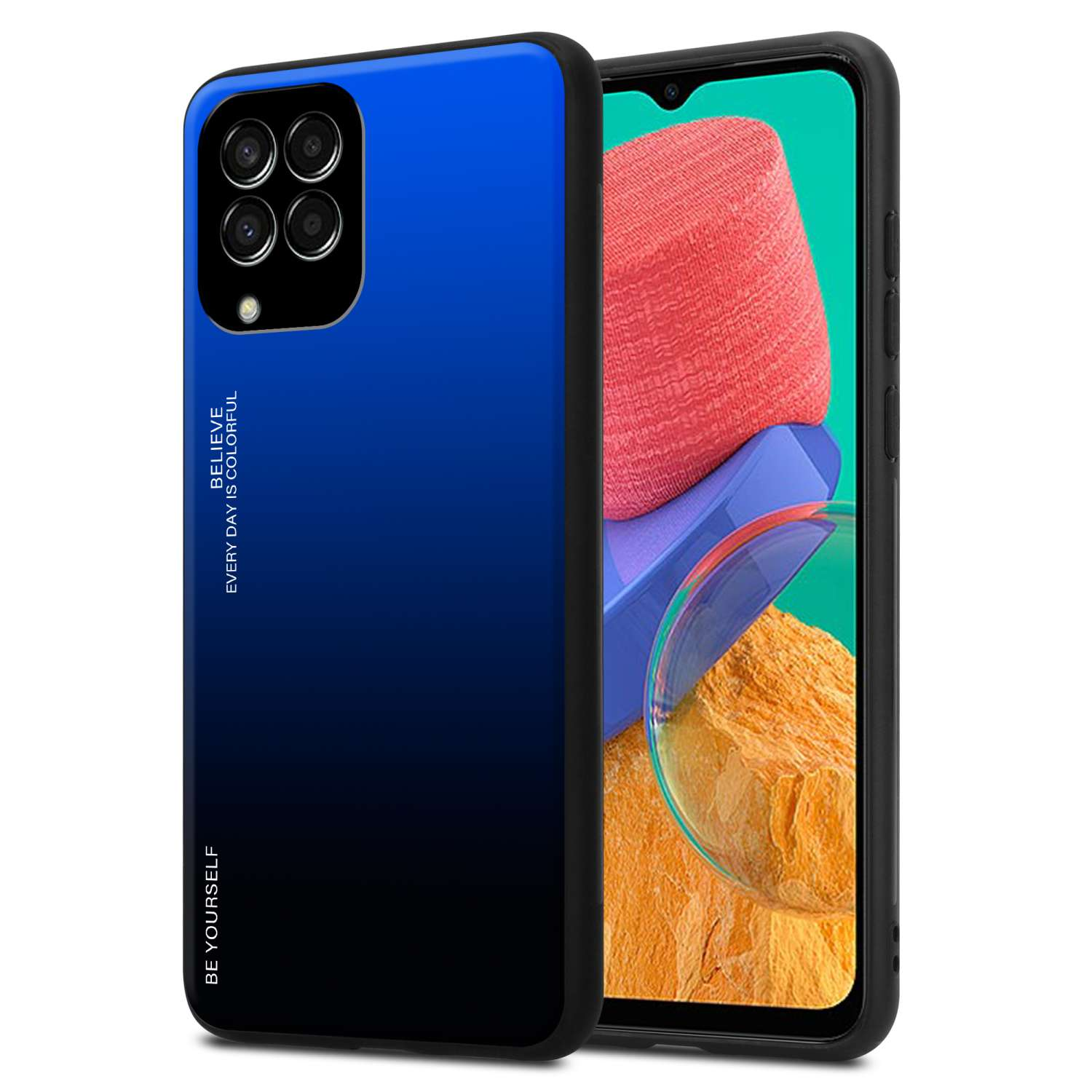 Telefon mit blau-schwarzem Gehäuse, ein Bildschirm mit farbenfrohem Design.