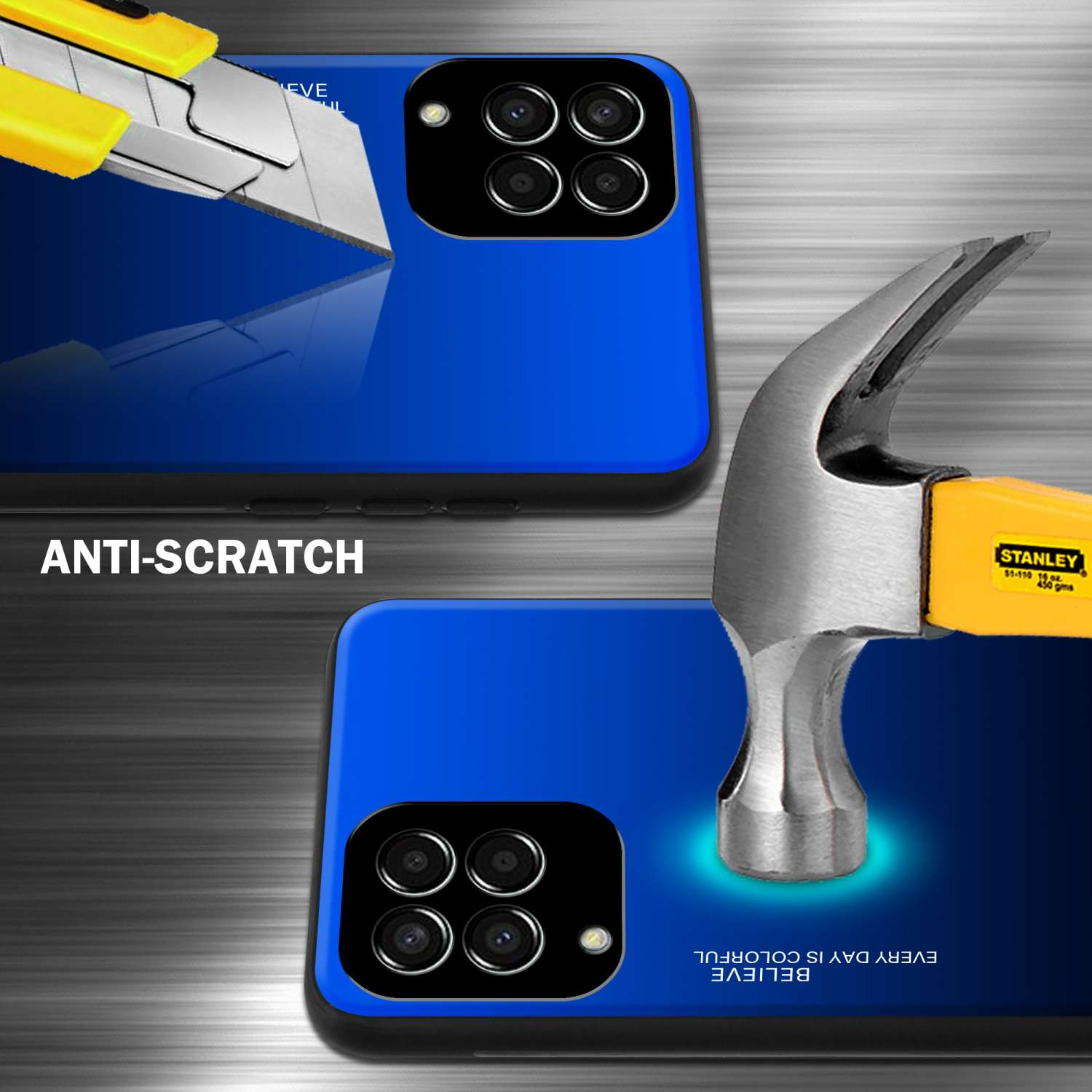 Ein Hammer und ein Messer schneiden und schlagen auf eine Handyhülle, die „kratzfest“ sagt, mit blauem Hintergrund.