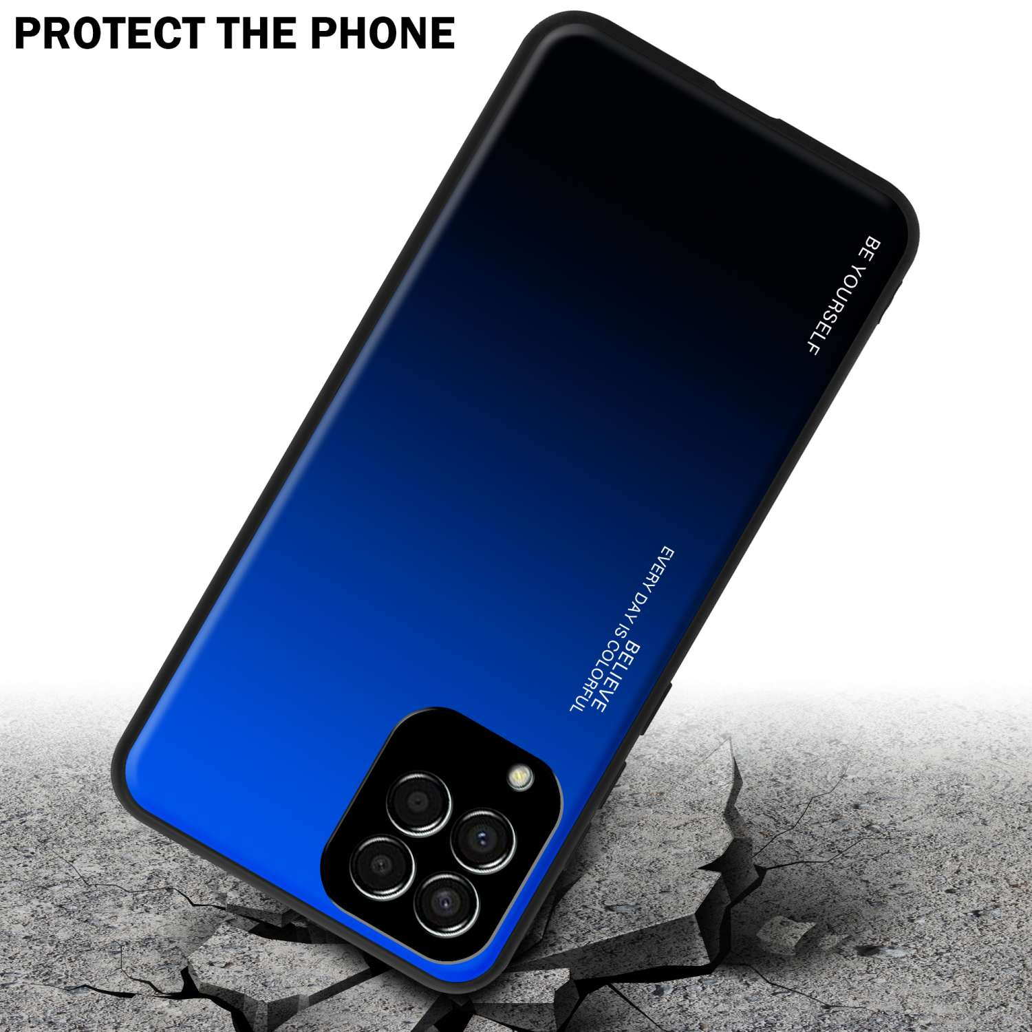 Blaues Farbverlauf-Handycase, das auf einer Oberfläche liegt, die Risse aufweist. Text: Schützen Sie das Telefon.