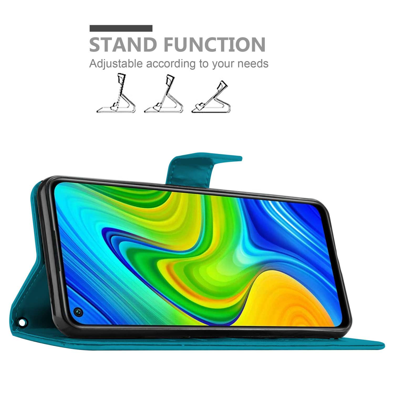 Telefono in una custodia a portafoglio verde acqua, schermo che mostra un'immagine colorata. Funzione supporto visibile.