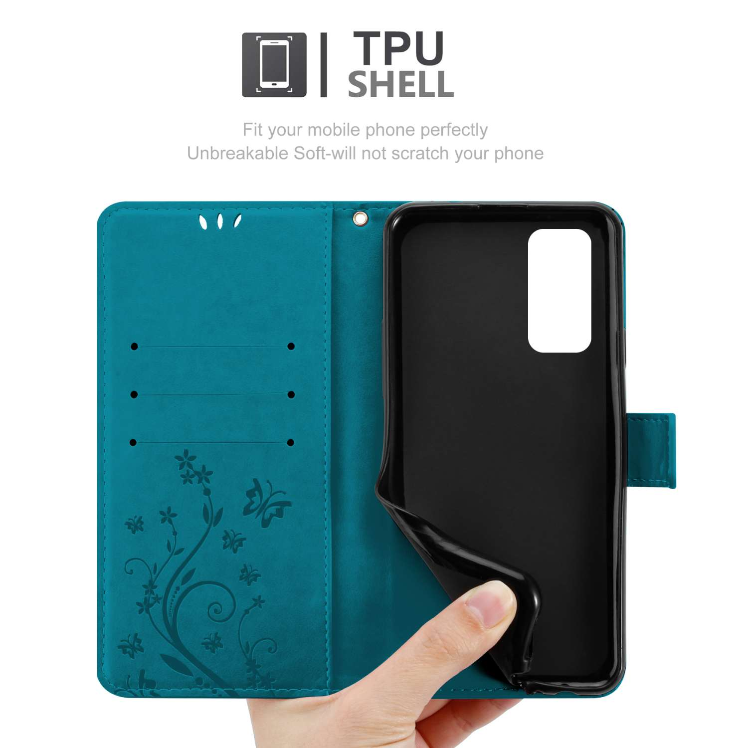 Custodia turchese, aperta, con telefono, che mostra un motivo floreale.