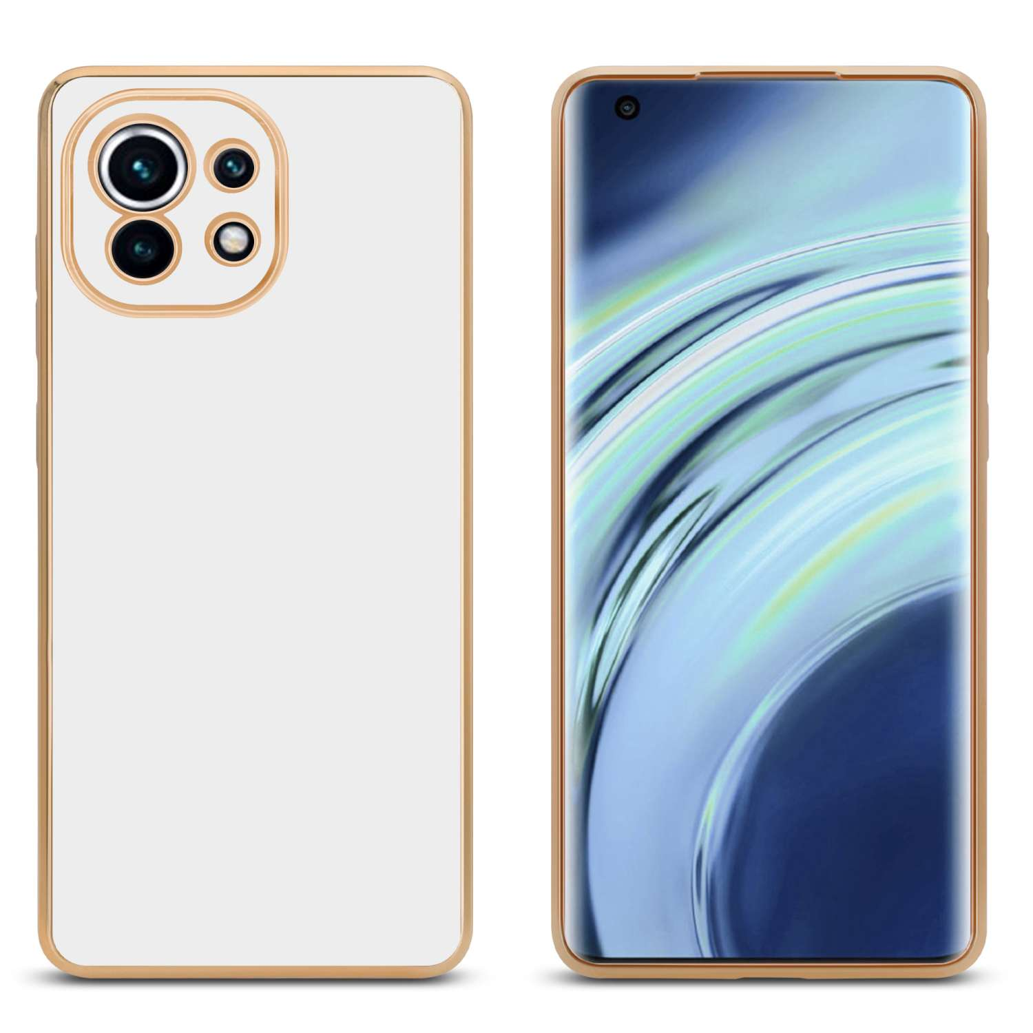 Custodia per telefono con retro bianco e cornice dorata. Lo schermo del telefono è visibile a destra.