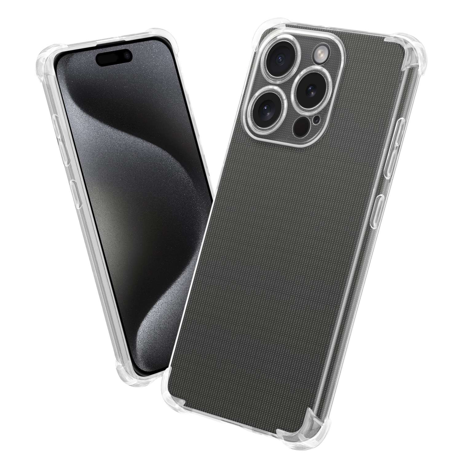 Zwei transparente Handyhüllen, eine mit Telefon. Das Telefon hat einen schwarzen Bildschirm. Klarer Hintergrund.