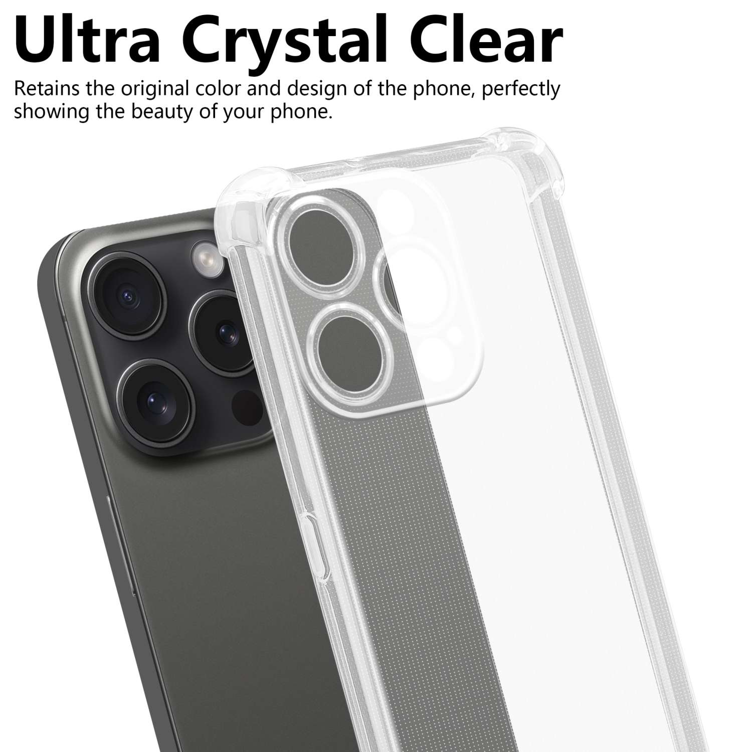 Transparente Handyhülle über einem Telefon. Text: Ultra Crystal Clear. Zeigt die Schönheit.