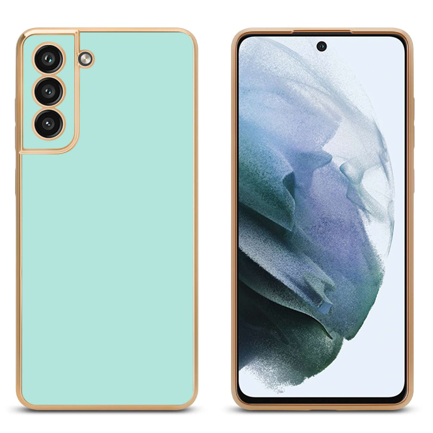 Telefono verde menta con cornice dorata accanto a un altro, entrambi sullo sfondo sfocato.