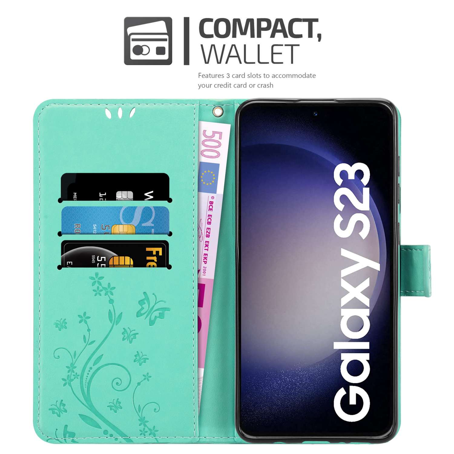 Custodia per telefono a portafoglio aperta con fessure per carte e una banconota. Un telefono è sul lato destro. Colore verde menta.