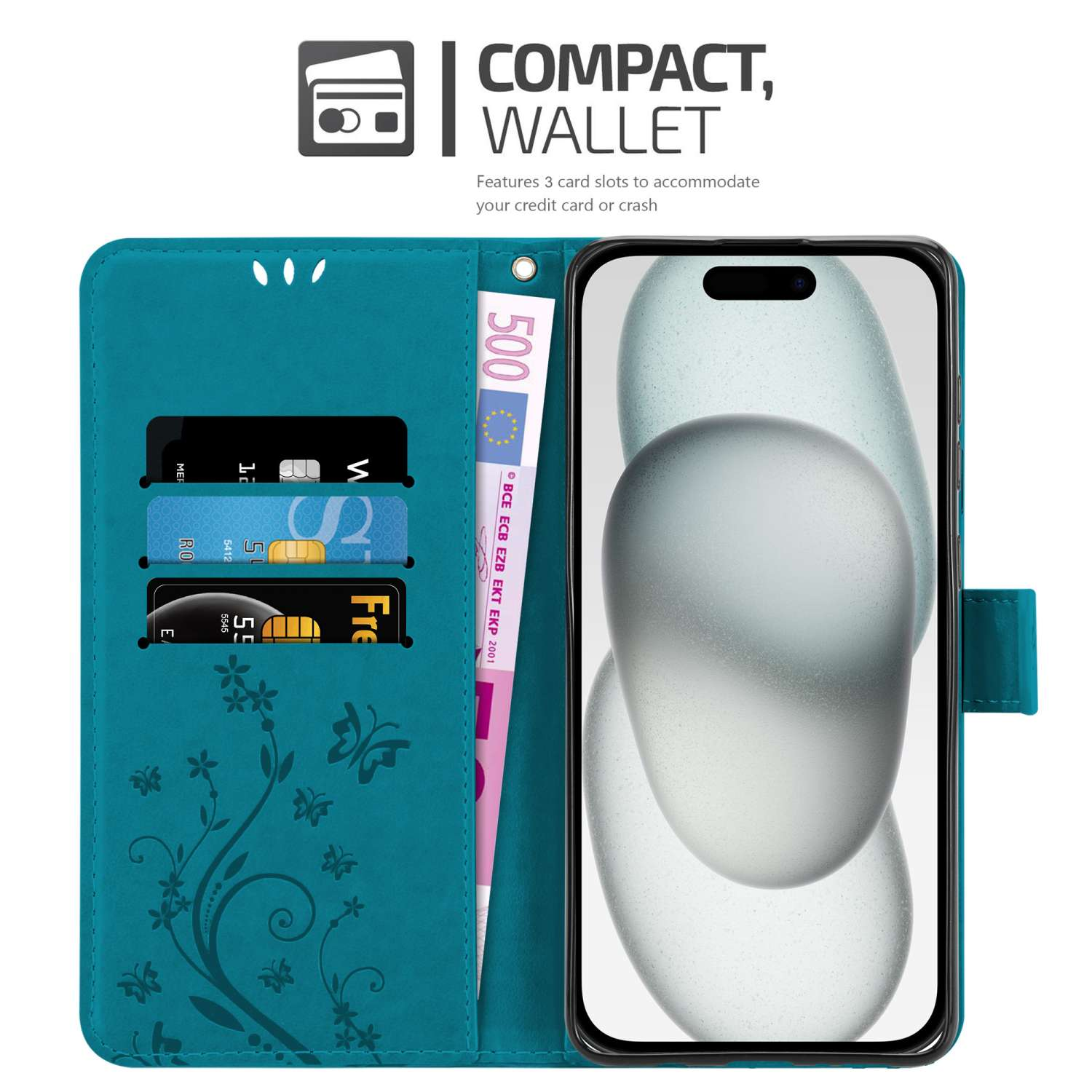 Custodia a portafoglio turchese con telefono, carte e contanti. Design floreale e farfalla a sinistra.