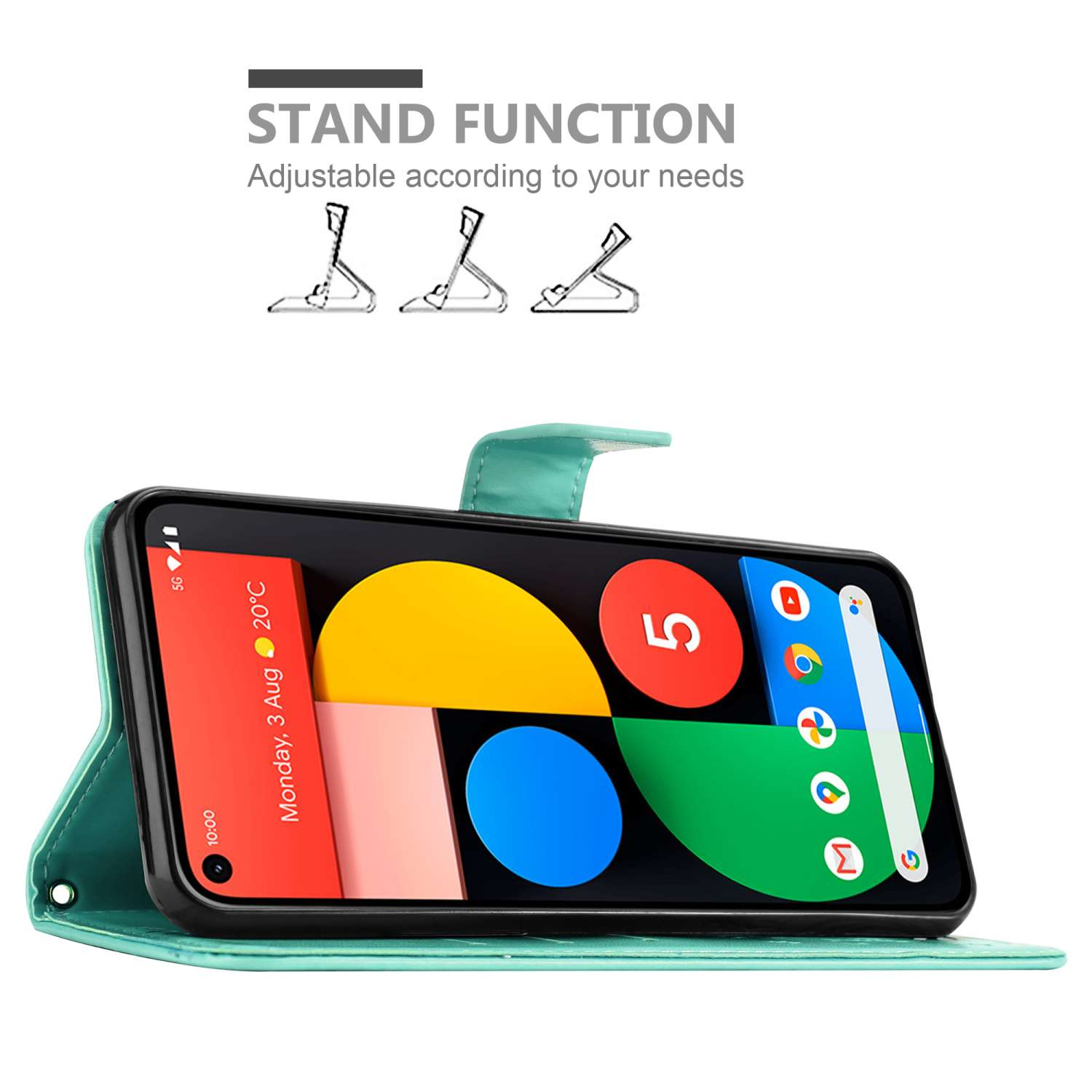 Telefono in custodia turchese in posizione stand. Lo schermo mostra le icone delle app. Testo 'Stand Function'.