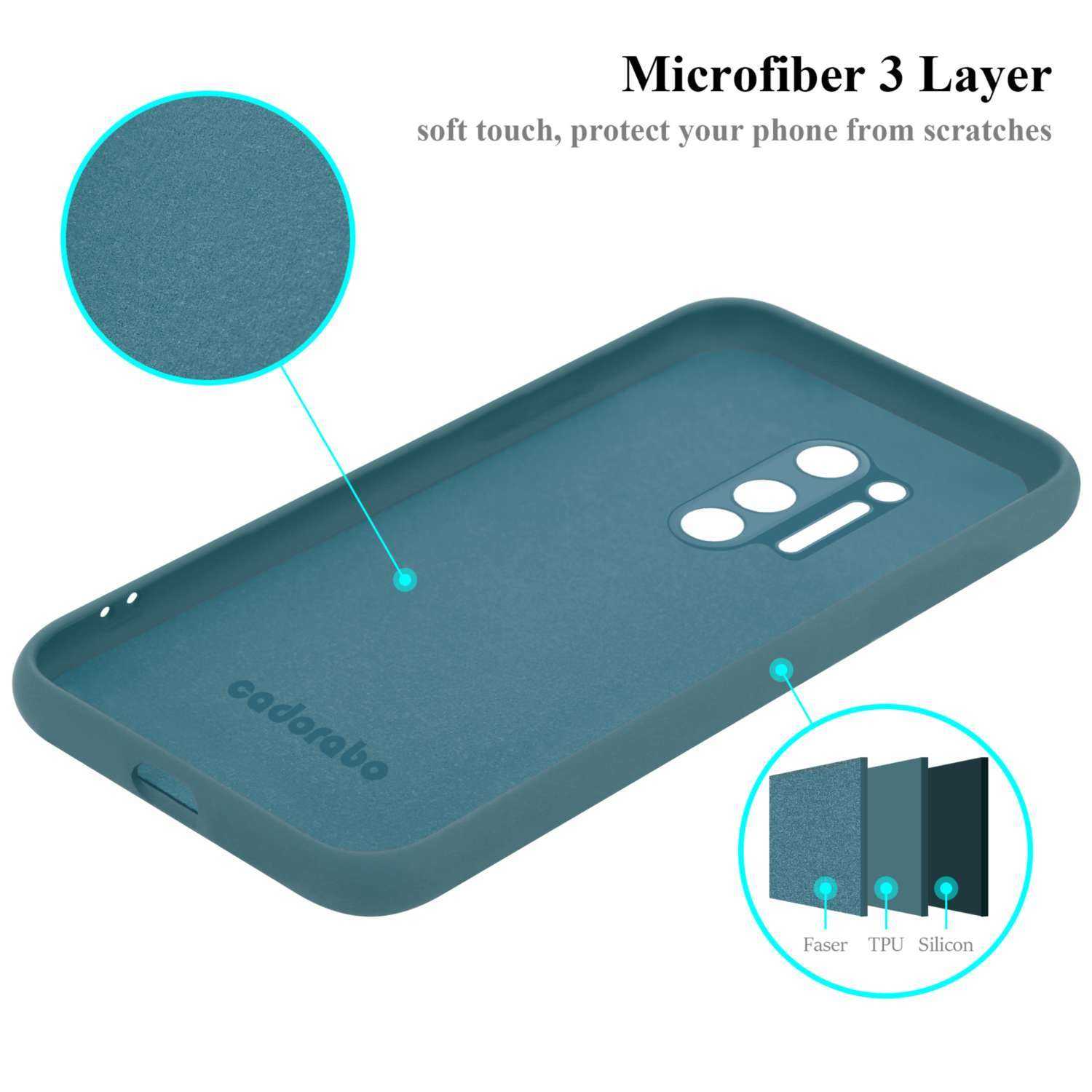 Türkisfarbene Handyhülle mit Mikrofaser-Details, zeigt die Innenseite der Hülle.