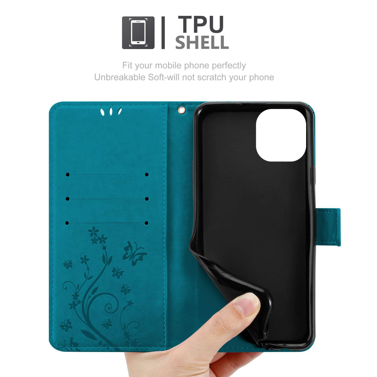 Custodia per telefono turchese con design floreale. Telefono all'interno, guscio in TPU e chiusura magnetica.