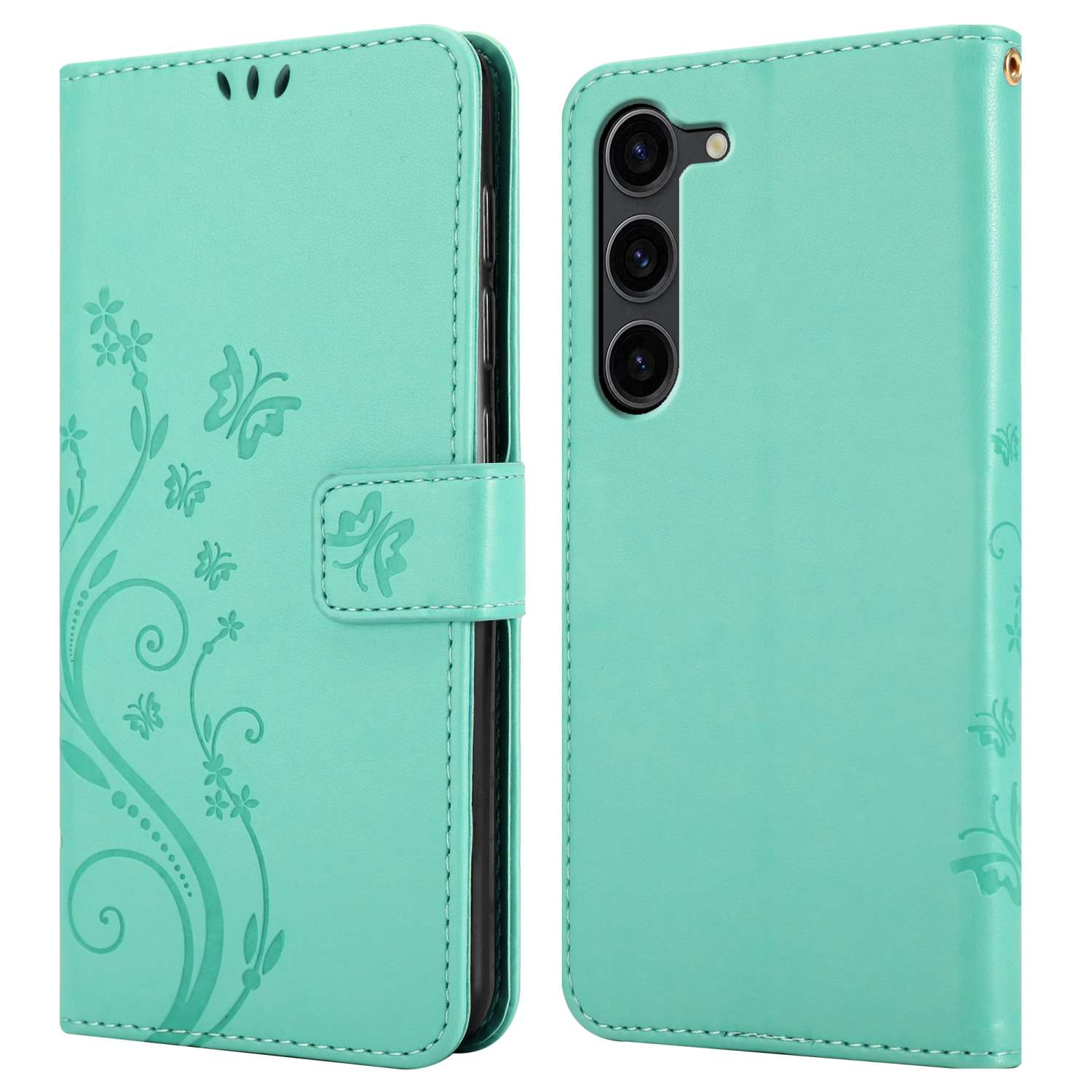 Custodia verde menta con design a farfalla, aperta per mostrare il telefono dentro.