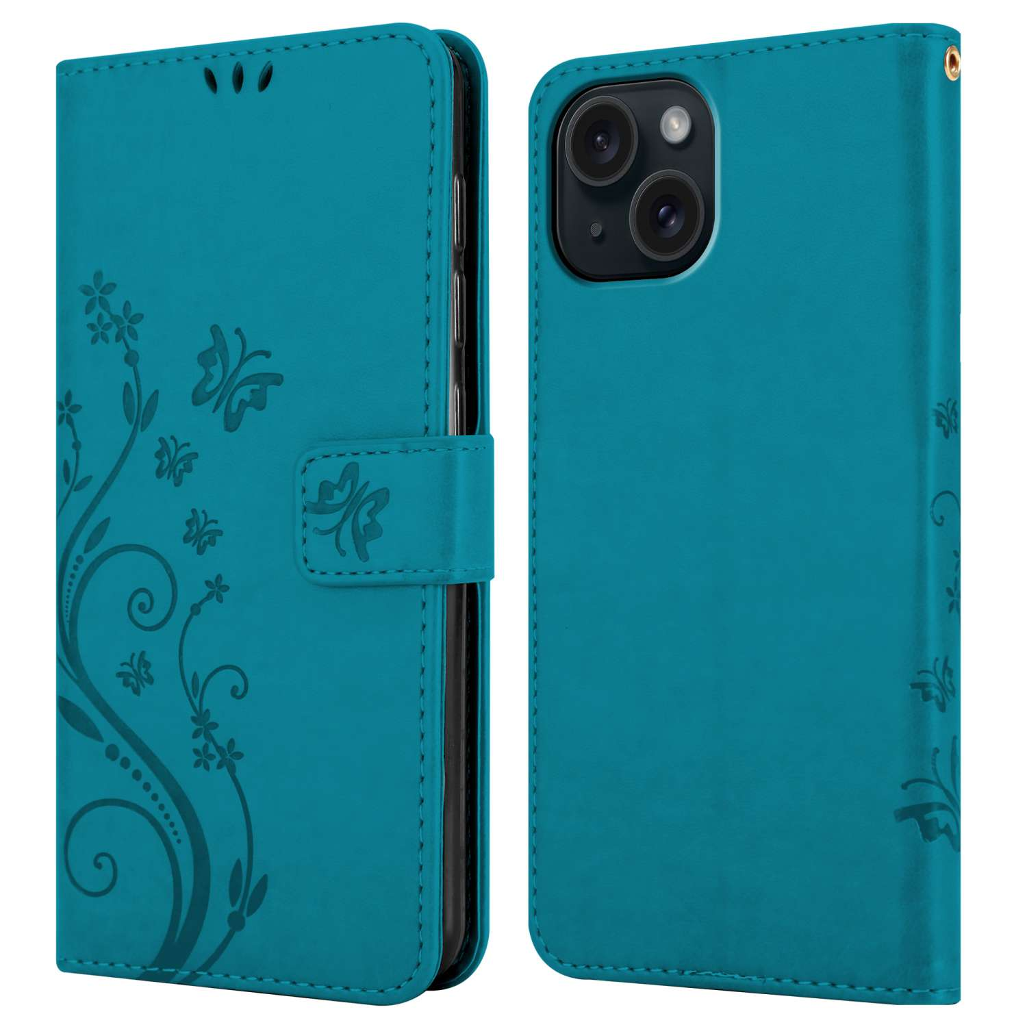Una custodia turchese, in stile folio, con design floreale, aperta.