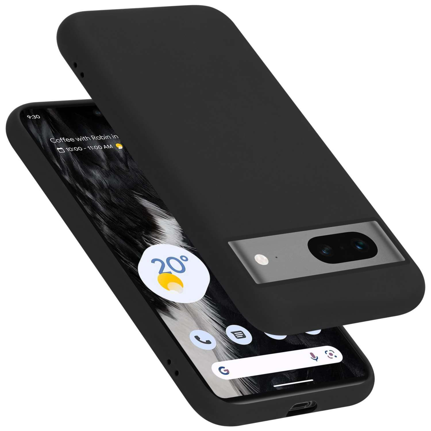 Ein schwarzes Telefon mit Hülle, das Telefon zeigt einen App-Bildschirm.