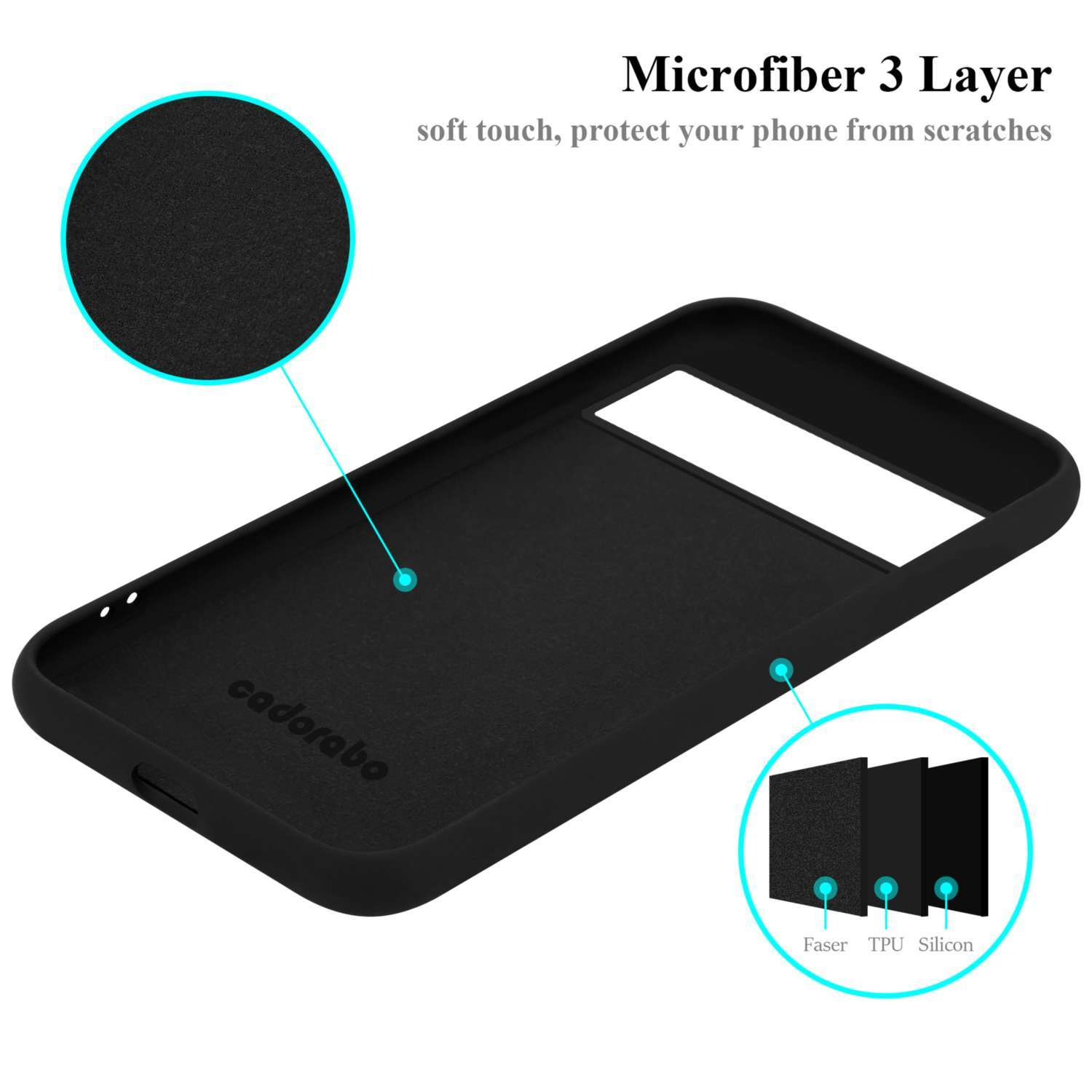 Schwarze Handyhüllen-Innenseite. Mikrofaser 3-schichtig. Aus Faser, TPU und Silikon.