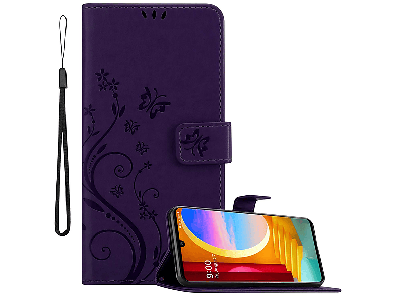 LG, Muster CADORABO Velvet, Bookcover, FLORAL Hülle DUNKEL LILA Case, Flower Blumen