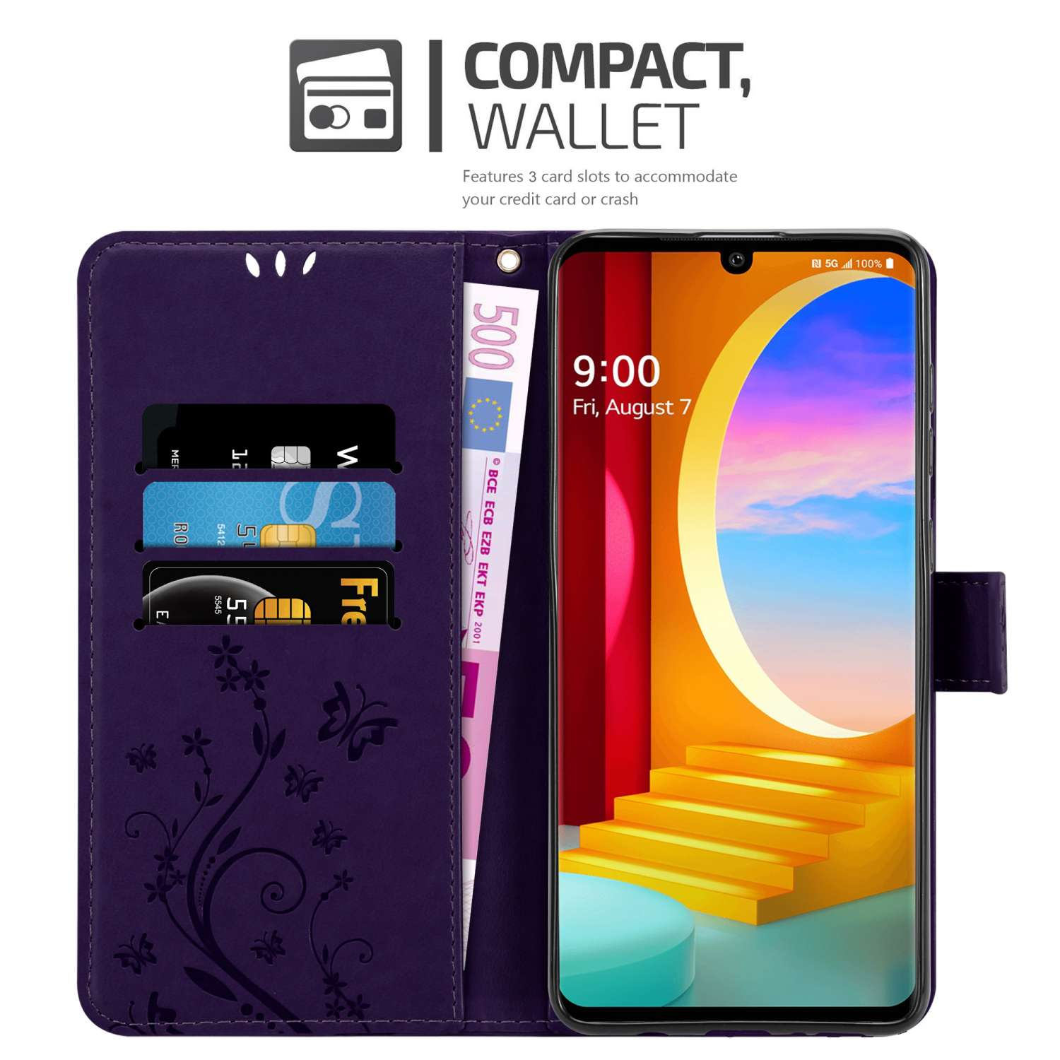 Una custodia a portafoglio viola aperta, che rivela carte, denaro e lo schermo del telefono.