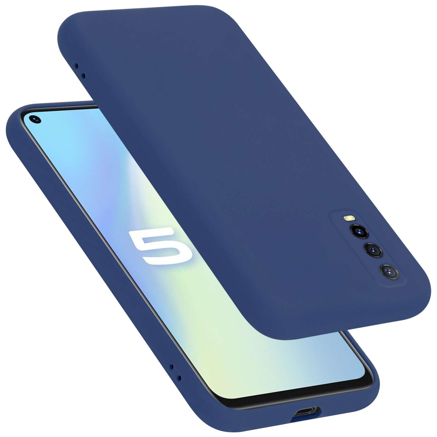 Blaue Handyhülle und Telefon. Die Hülle ist leicht über dem Bildschirm angehoben.