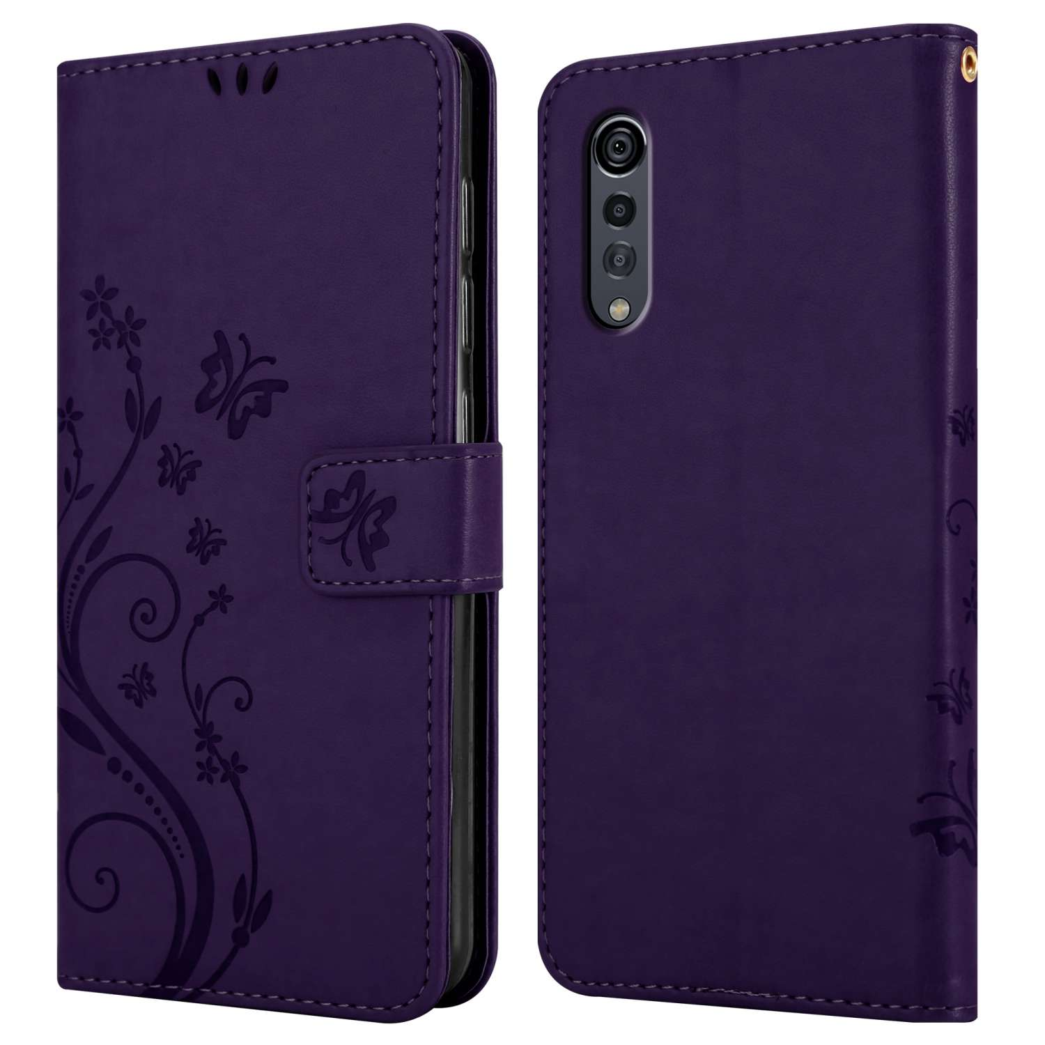 Custodia per telefono viola, aperta e chiusa. Design floreale e farfalle. Chiusura magnetica visibile.
