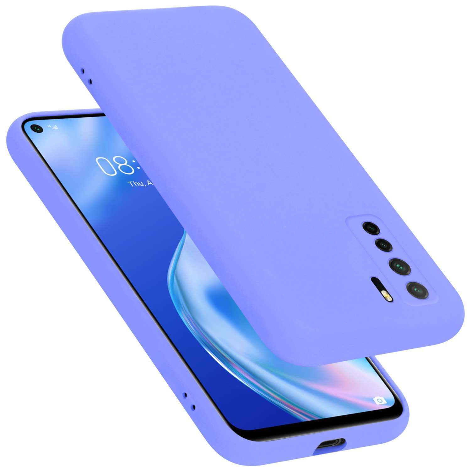Custodia per telefono lavanda con telefono all'interno. La custodia è aperta, mostrando il telefono.