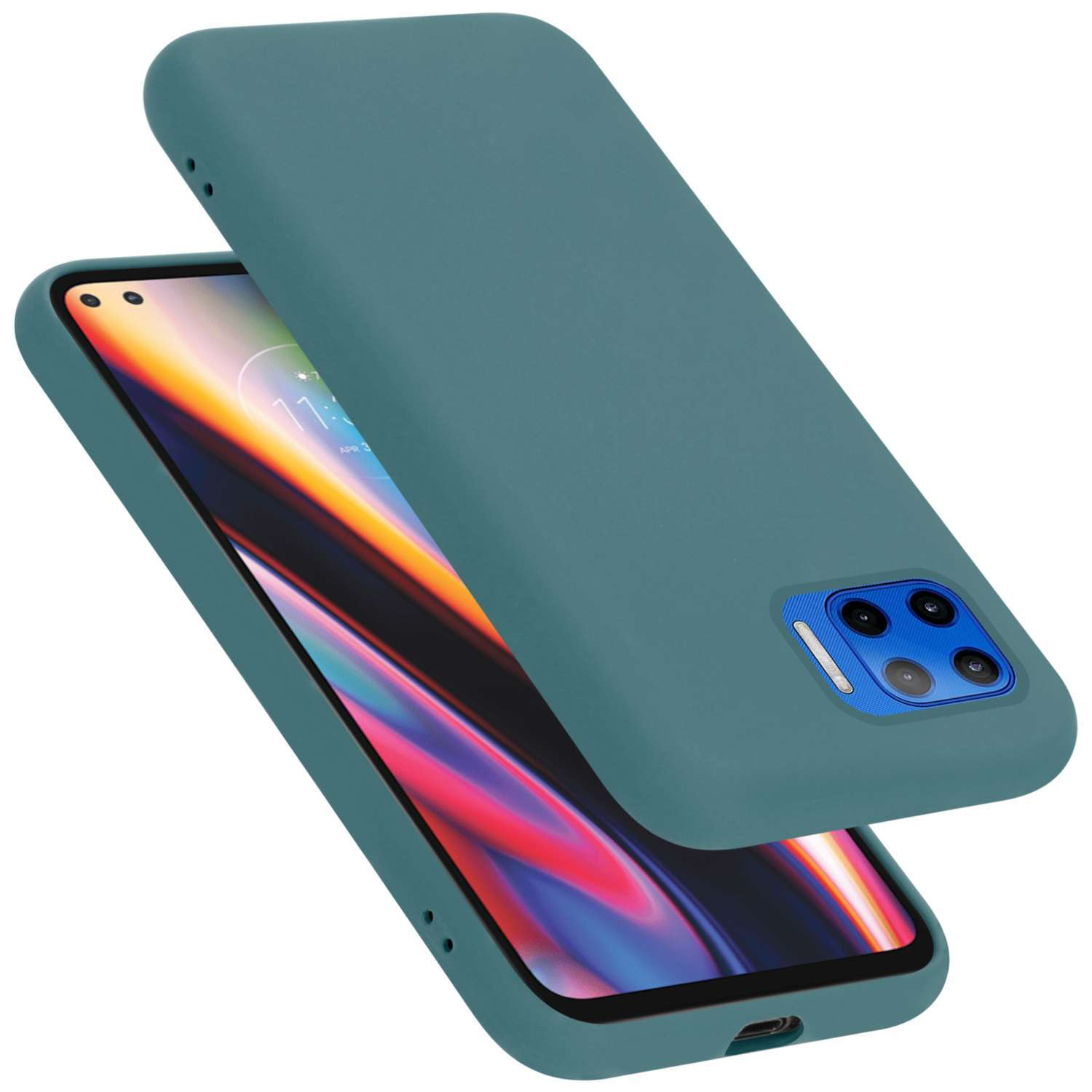Custodia per telefono verde acqua con telefono dentro. La custodia è leggermente aperta. Sfondo bianco.