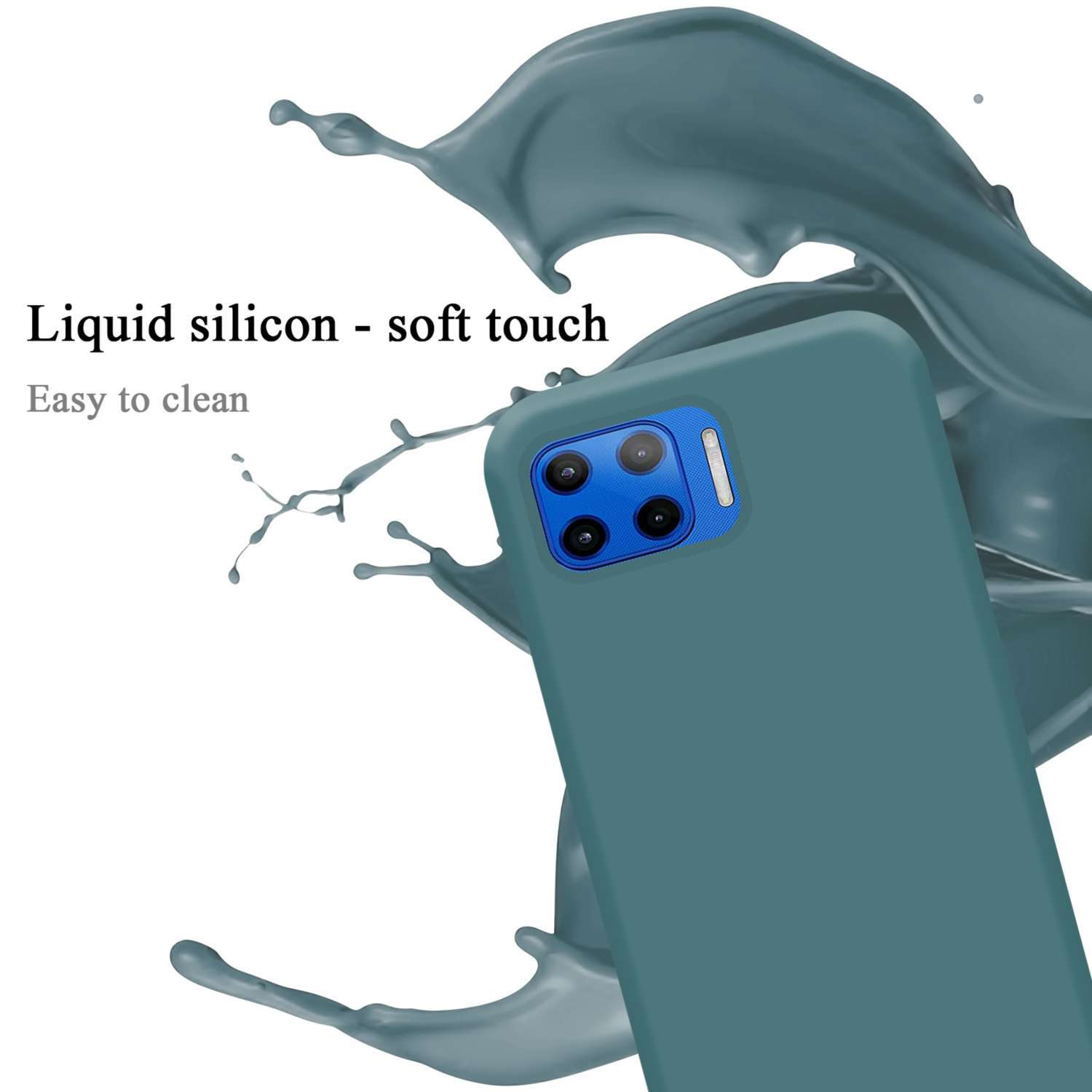 Custodia verde per telefono con lenti della fotocamera. Uno schizzo di liquido dietro il telefono. Il testo dice 'Silicone liquido - tocco morbido'.