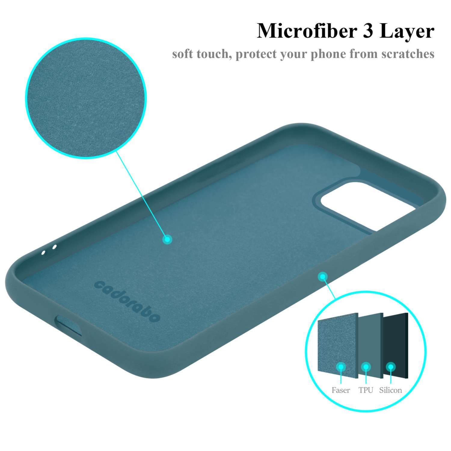 Una custodia per telefono verde acqua con tre strati: Faser, TPU e Silicon. Testo: Microfiber 3 Layer.