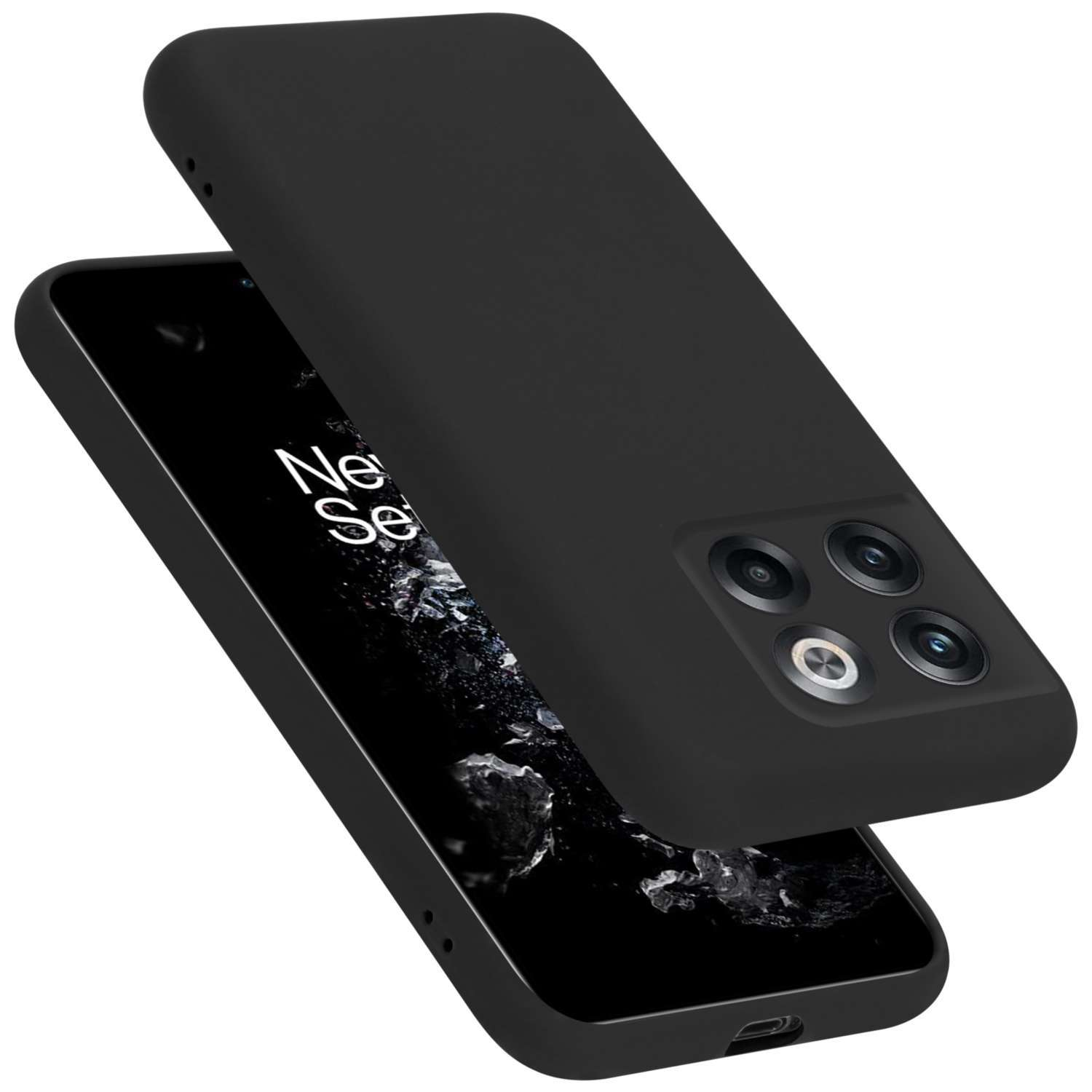 Schwarze Handyhülle auf einem schwarzen Telefon. Die Handyhülle ist angewinkelt und bedeckt das Telefon.