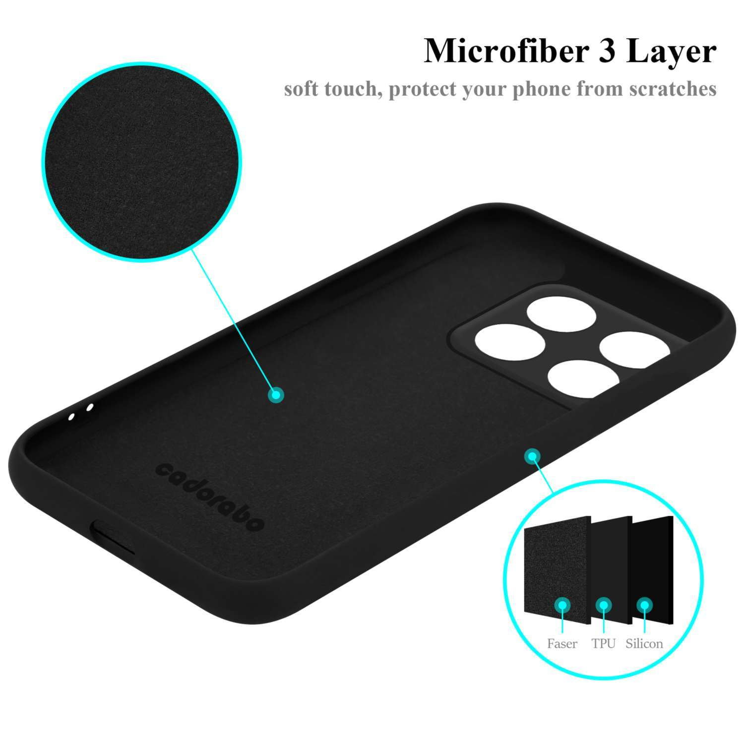 Schwarze Handyhülleninnenseite mit Mikrofaserlagen, die das Material und die Schichten zeigen.