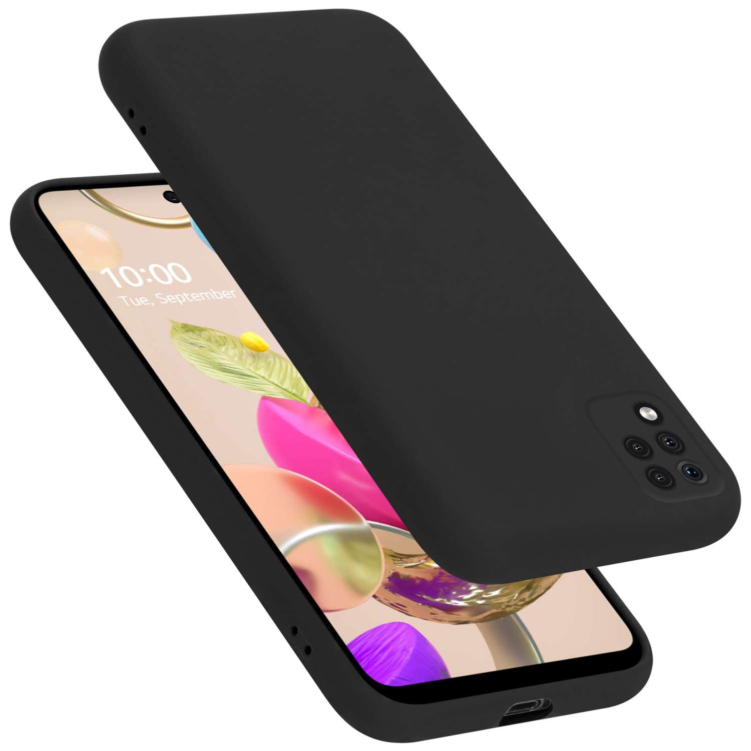 Schwarze Handyhülle mit Telefon darin. Der Telefonbildschirm zeigt Objekte.