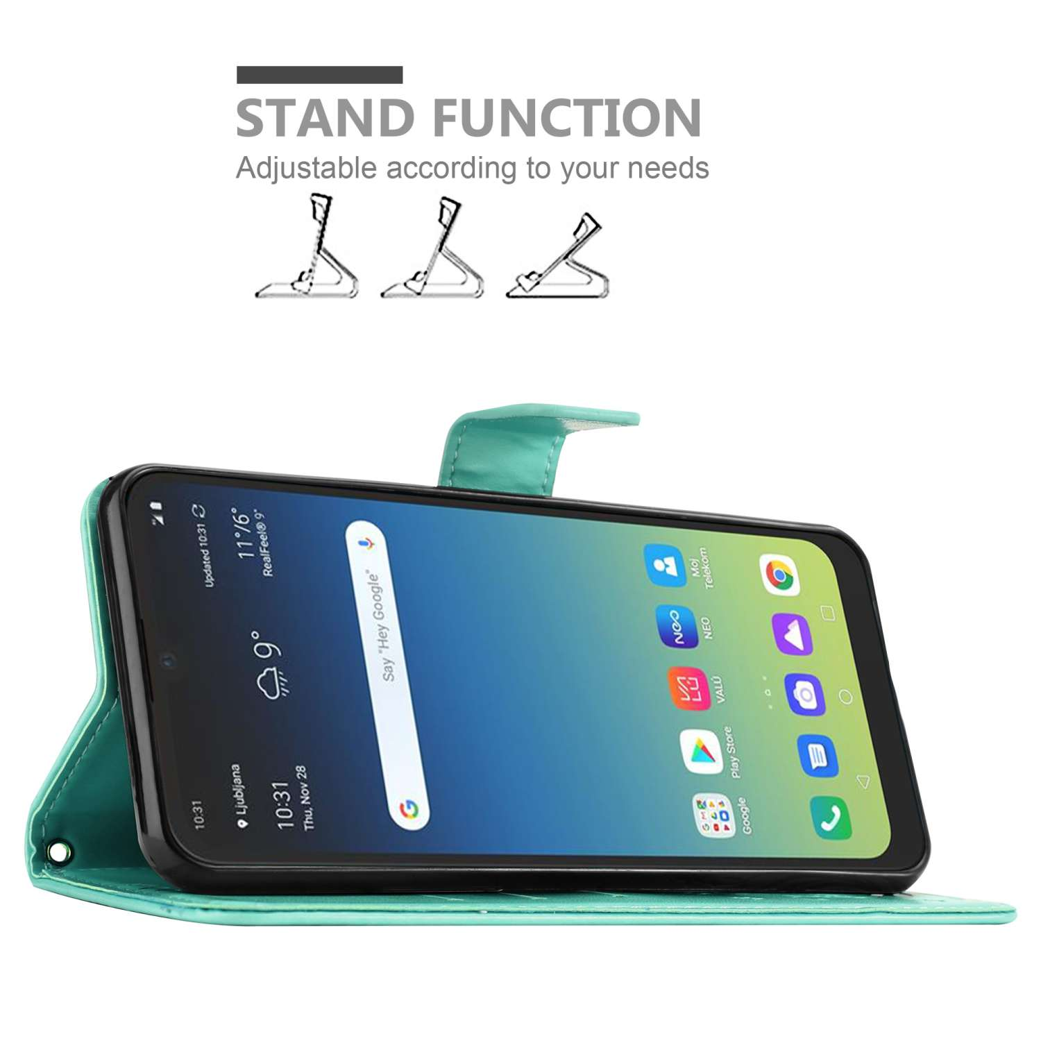 Custodia per telefono verde acqua con telefono che mostra la schermata iniziale. Tre opzioni di supporto sopra.