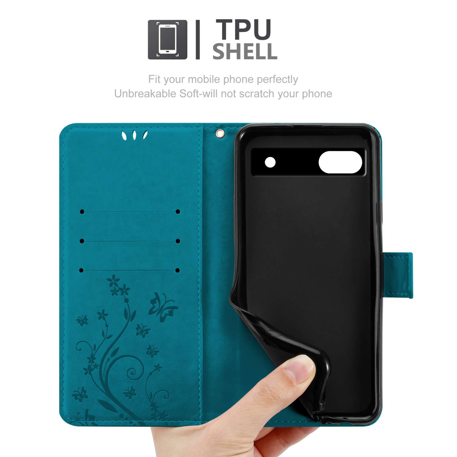 Custodia teal aperta, rivelando un telefono nero. Mano che lo tiene. Testo 'TPU Shell'.