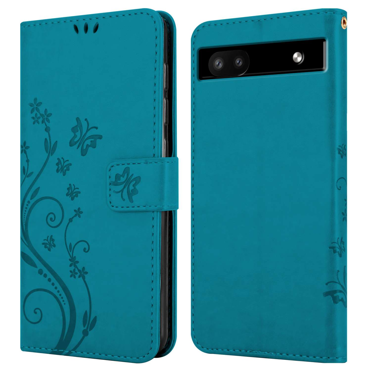Custodia per telefono turchese, aperta, che mostra un telefono. Decorata con disegni floreali e farfalle. Chiusura chiusa.