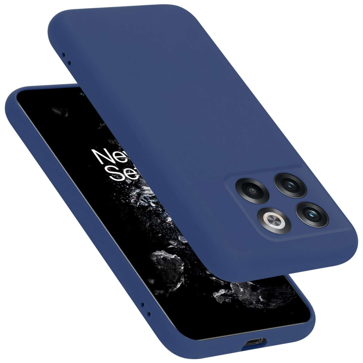 Dunkelblaues Telefon mit Hülle oben und unten.