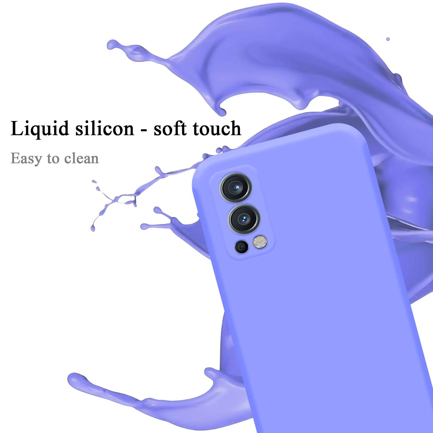 Custodia viola per telefono con tocco morbido. Schizzo di silicone liquido sullo sfondo.