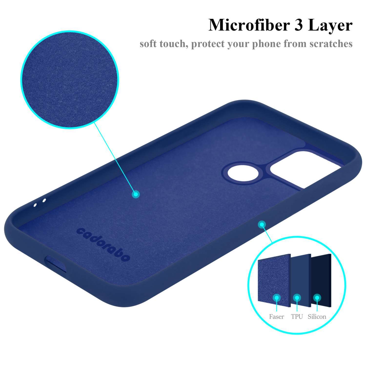 Interno della custodia blu del telefono. Testo sulla microfibra a 3 strati, con dettagli di Faser, TPU e Silicone.