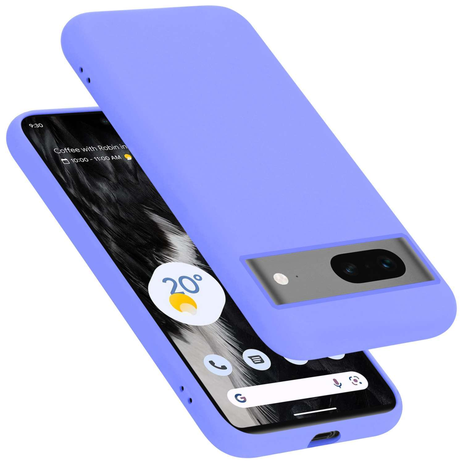 Lavendel-Telefon mit Hülle. Das Telefon zeigt Zeit, Wetter und App-Symbole auf dem Bildschirm.