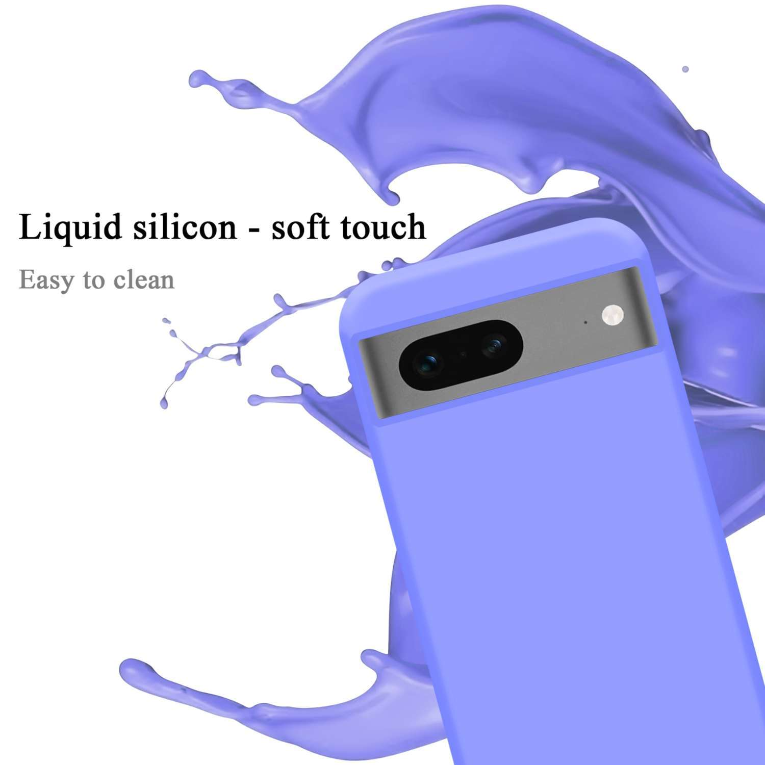 Eine lila Handyhülle mit Kameraausschnitt. Text: "Flüssiges Silikon - Soft Touch".