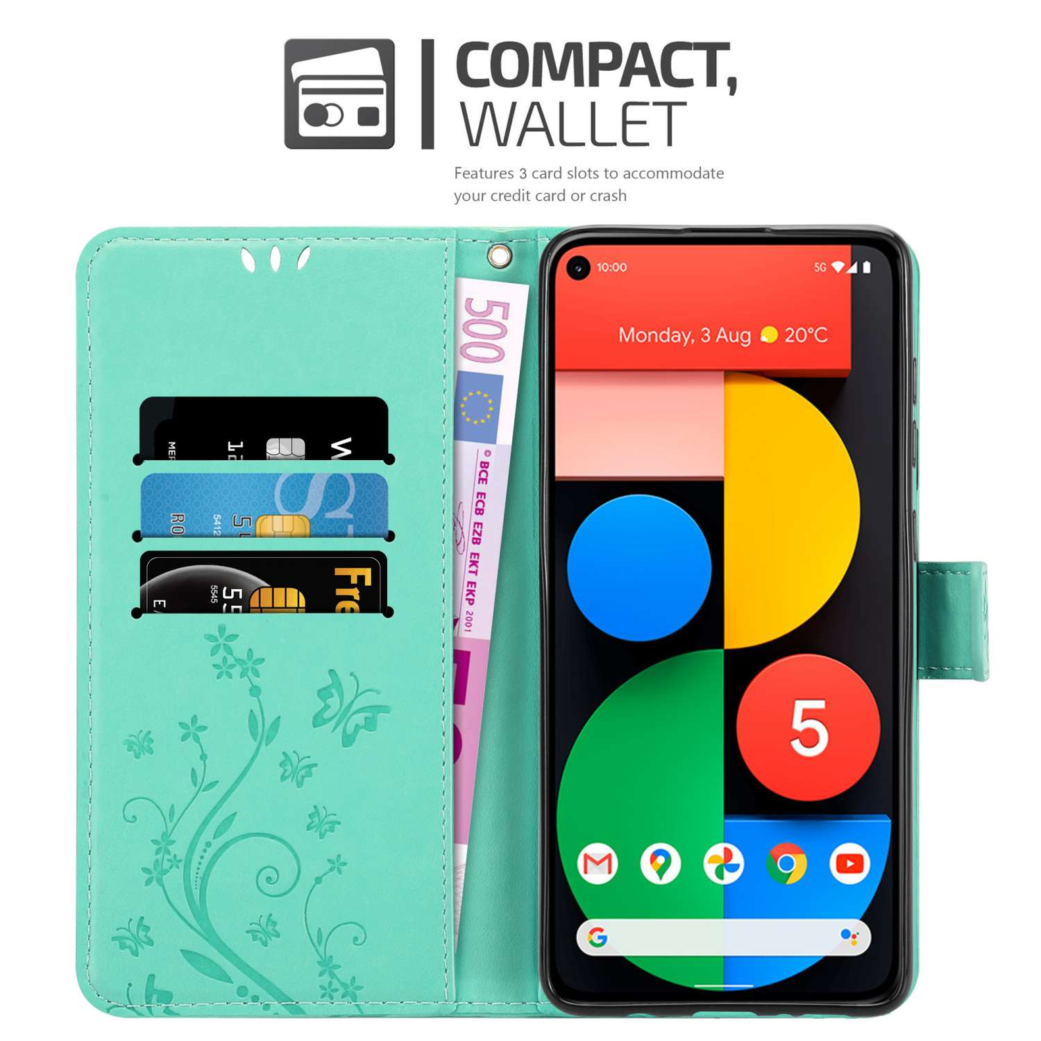 Un telefono in una custodia a portafoglio verde acqua, con carte e una banconota da 500 euro visibili.