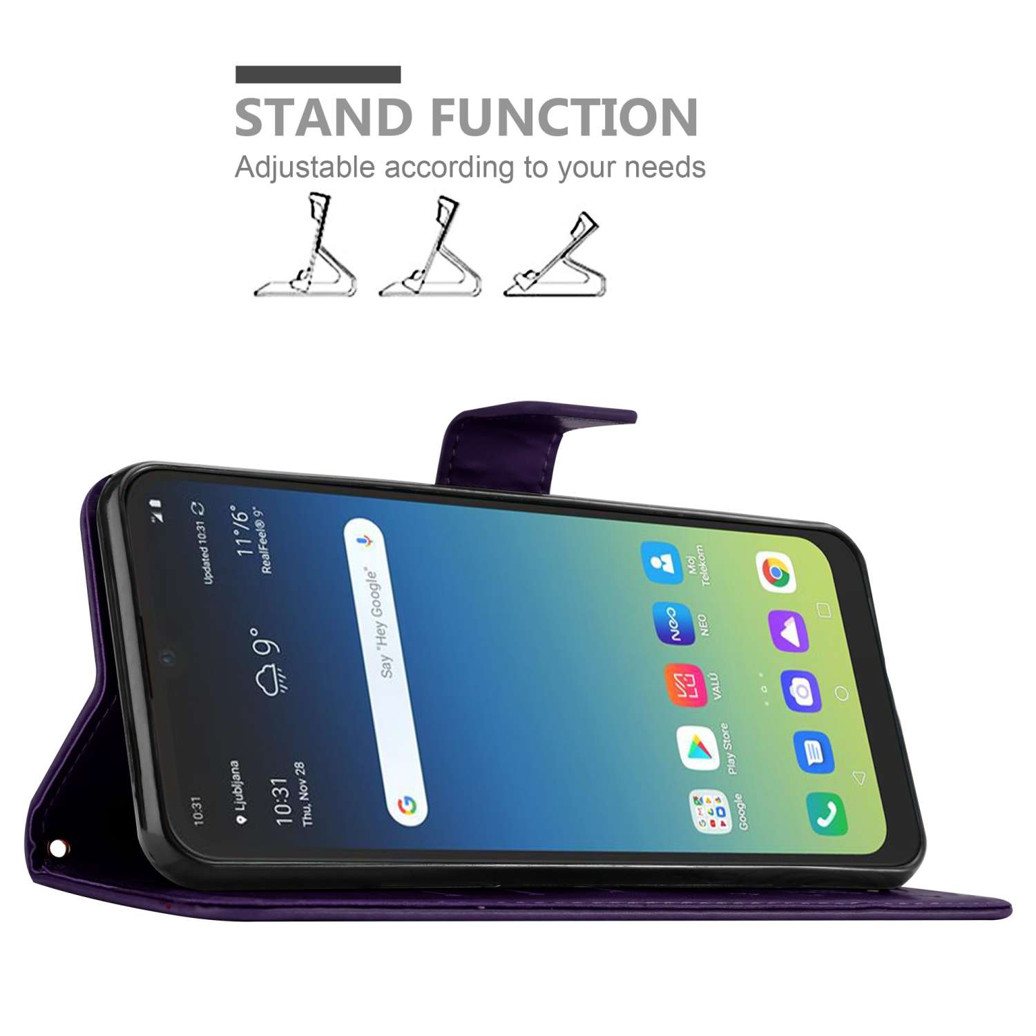 Custodia per telefono viola con telefono che mostra schermo, funzione supporto e supporto regolabile.